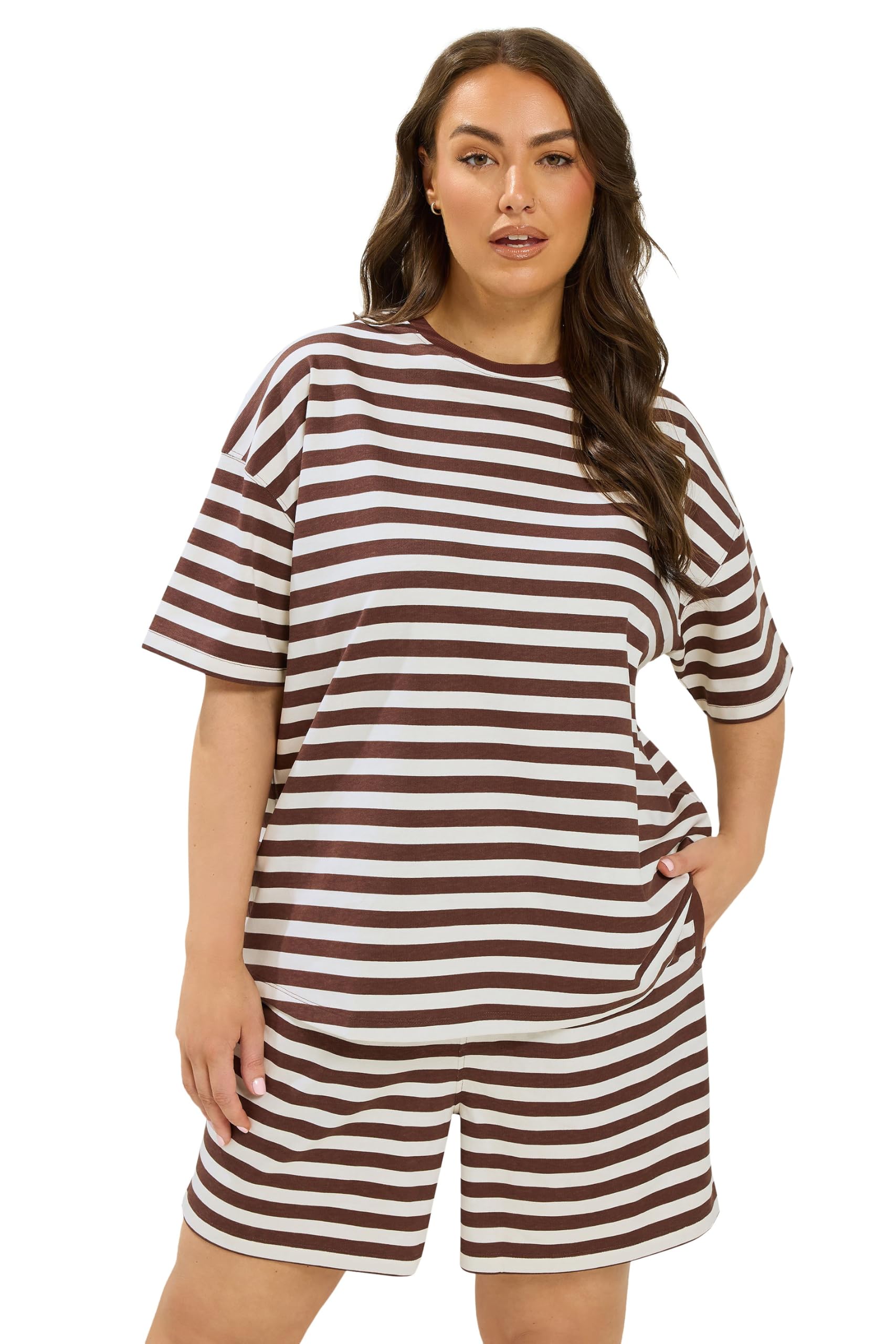 Yours Women's Brown Stripe T-Shirt & Shorts Co-Ord In Size 22-24
