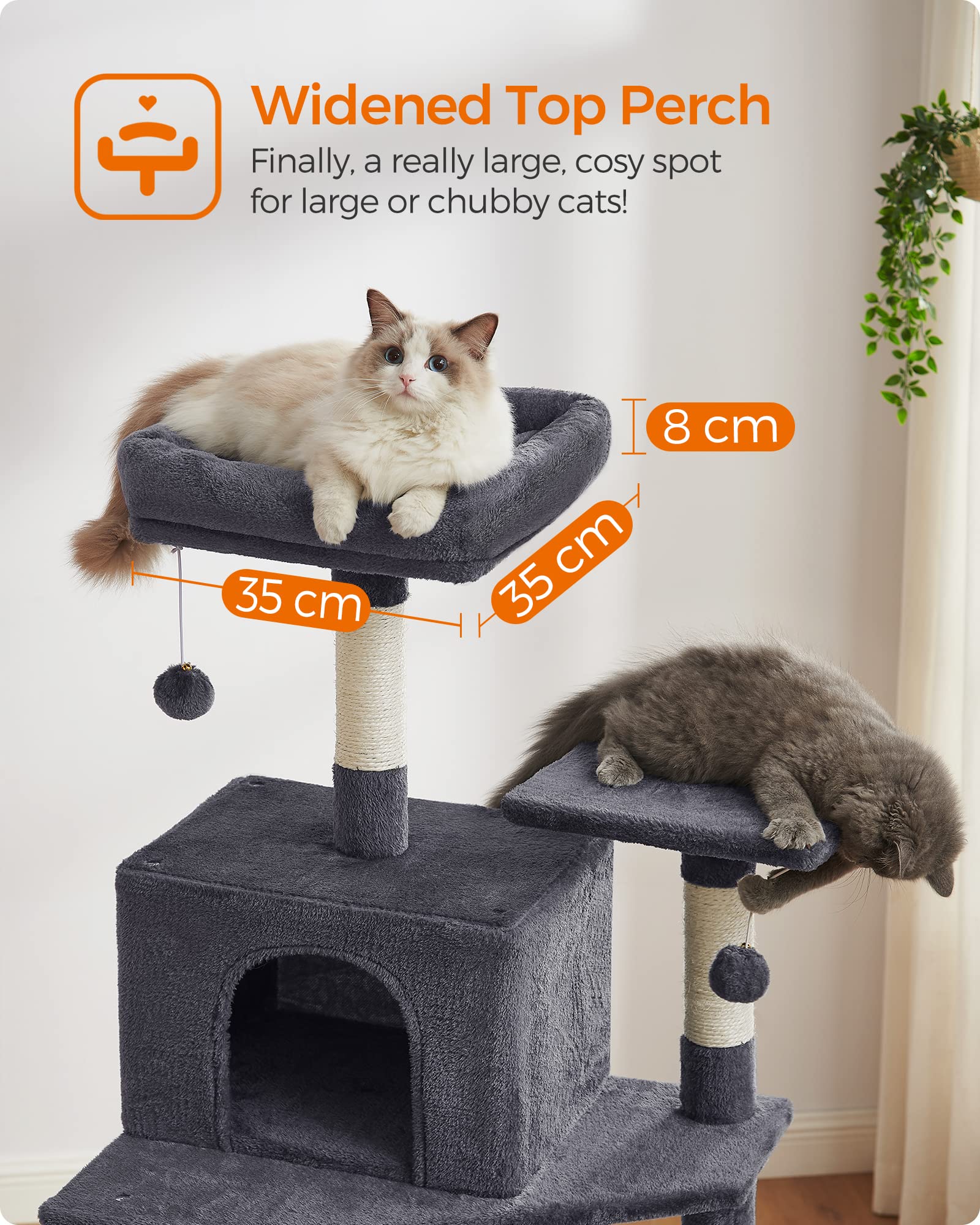 Feandrea Albero per Gatti Alto 191 cm, Tiragraffi per Gatti con 5 Pali Graffiatoi, 2 Posatoi, 2 Grotte, Amaca, 2 Pompon, in Peluche a Più Livelli, Grigio Fumo PCT191G01