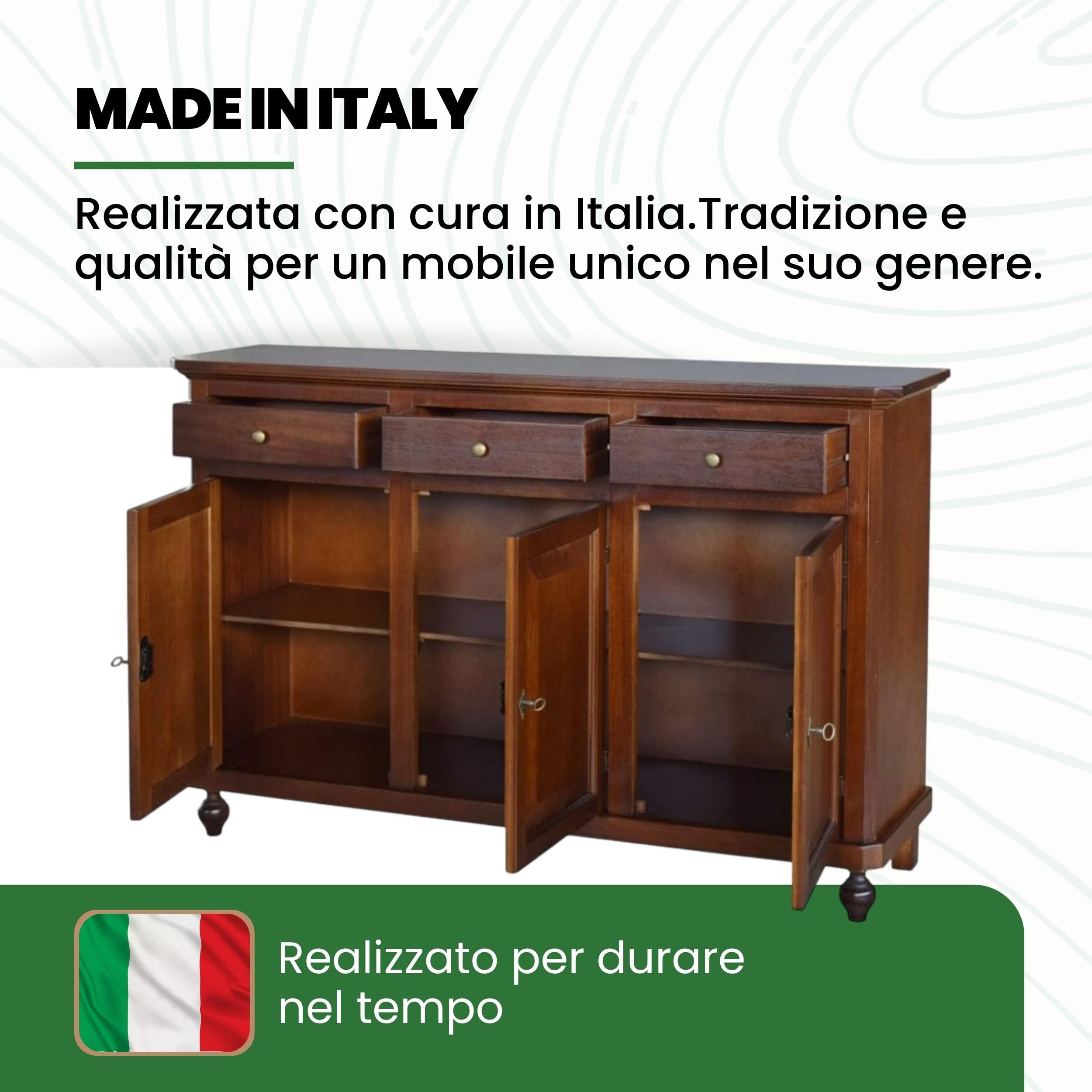 Mar.c.a. Design - Credenza Arte Povera con 3 Ante e 3 Cassetti - Madia Legno 150x43x98 cm con Piedini Made in Italy
