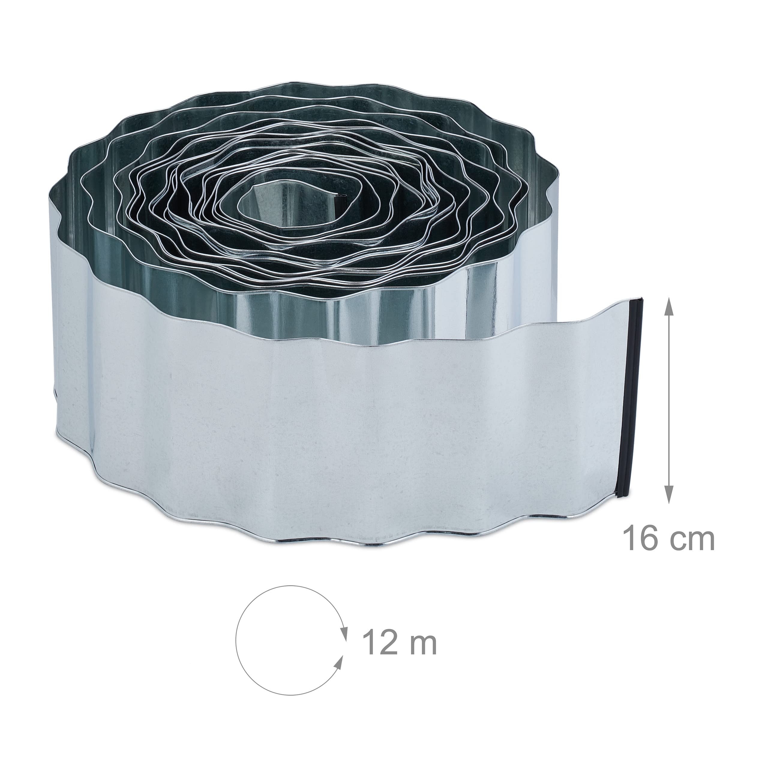 Relaxdays Krawędź trawnika, 12 m, obrzeże rabatki z metalu, ocynkowane, elastyczne, obramowanie trawnika i grządki, wysokość 16 cm, srebrna