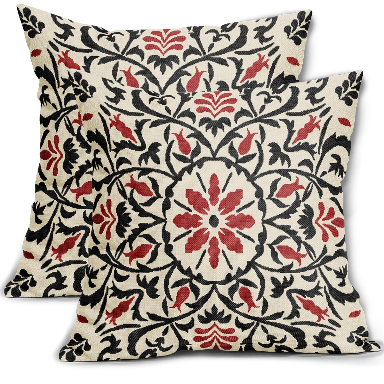 Sweetshow Black Red Boho Pillow Covers 20X20'' Bohemian Ethnic Carpet Style Vintage Flower Print Decorative Throw Pillows Outdoor Linen Square Cushion