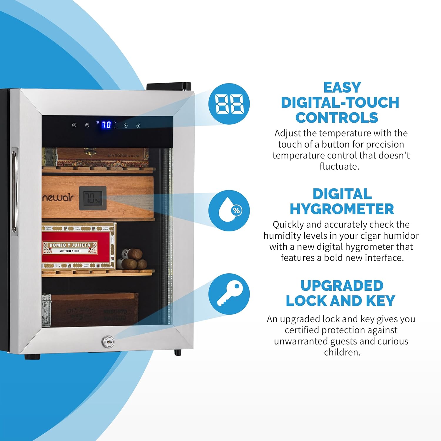 NewAir 250 Count Electric Cigar Humidor Box | Cigar Cooler Cabinet with Thermoelectric Cooling | Digital Temperature Controls, Spanish Cedar Shelves, and Locking Glass Door | Stainless Steel