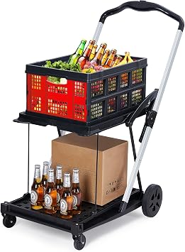 2 Tier Collapsible Shopping Cart On Wheels, Portable Folding Grocery Cart with Removable Crate, 198 Lb Capacity, Space Saving & Lightweight for Shopping, Supermarket, Home, Red