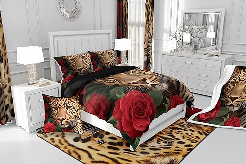 Miniatura 8 de Erosebridal Juego de ropa de cama de guepardo con rosa roja, juego de edredón con estampado de leopardo y gato, edredón romántico de plumón,