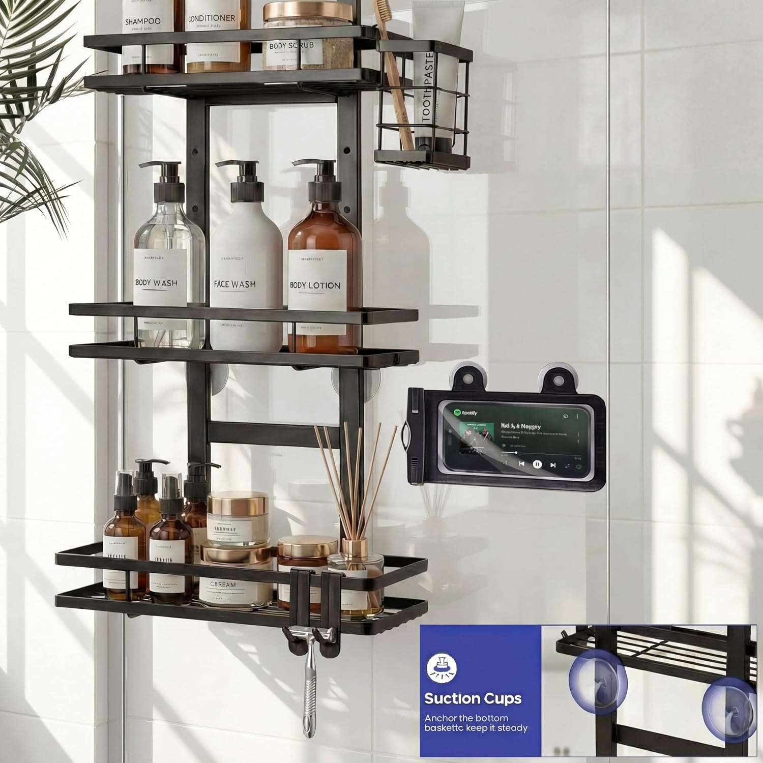 Over the Door Shower Caddy Hanging, Rustproof Shower Shelves with Waterproof Phone Pouch, 3-Tier Adjustable Bathroom Organizers and Storage, No Drilling Shower Shelf, Black Shampoo Soap Holder image 3