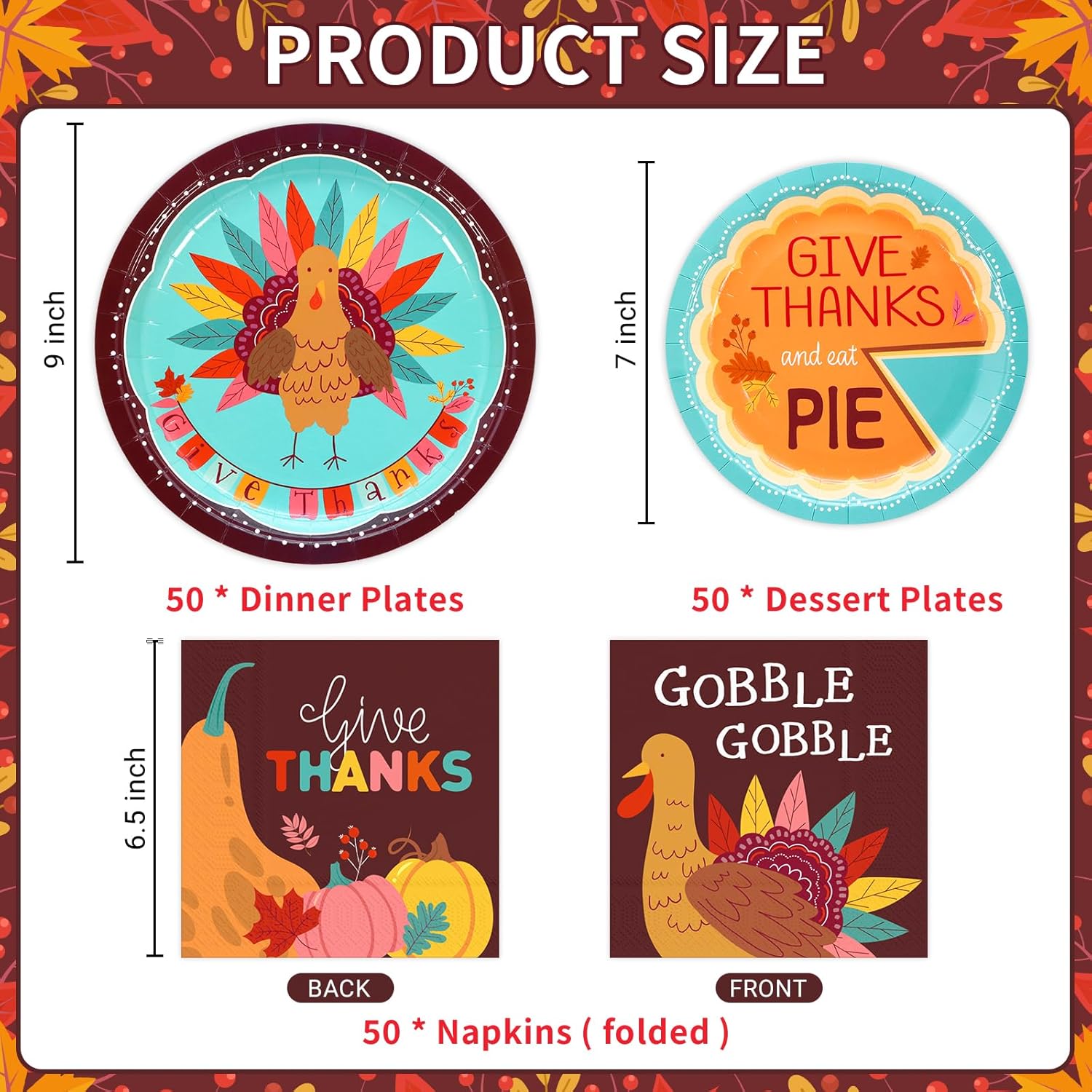 Turkey Thanksgiving Party Supplies, 150 Pcs Fall Paper Dinner Plates Dessert Plates and Napkins Disposable Give Thanks Dinnerware Tableware for Thanksgiving Party Autumn Party Decorations, Serve 50