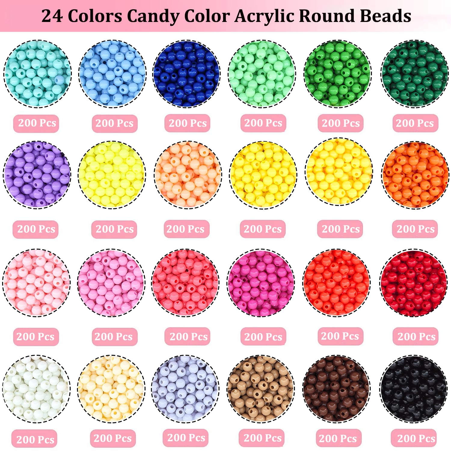 4800 cuentas redondas acrílicas de 4 mm para hacer joyas, 28 colores arcoíris para hacer pulseras, kit de fabricación de pulseras de plástico de color caramelo, cuentas sueltas pastel a granel para