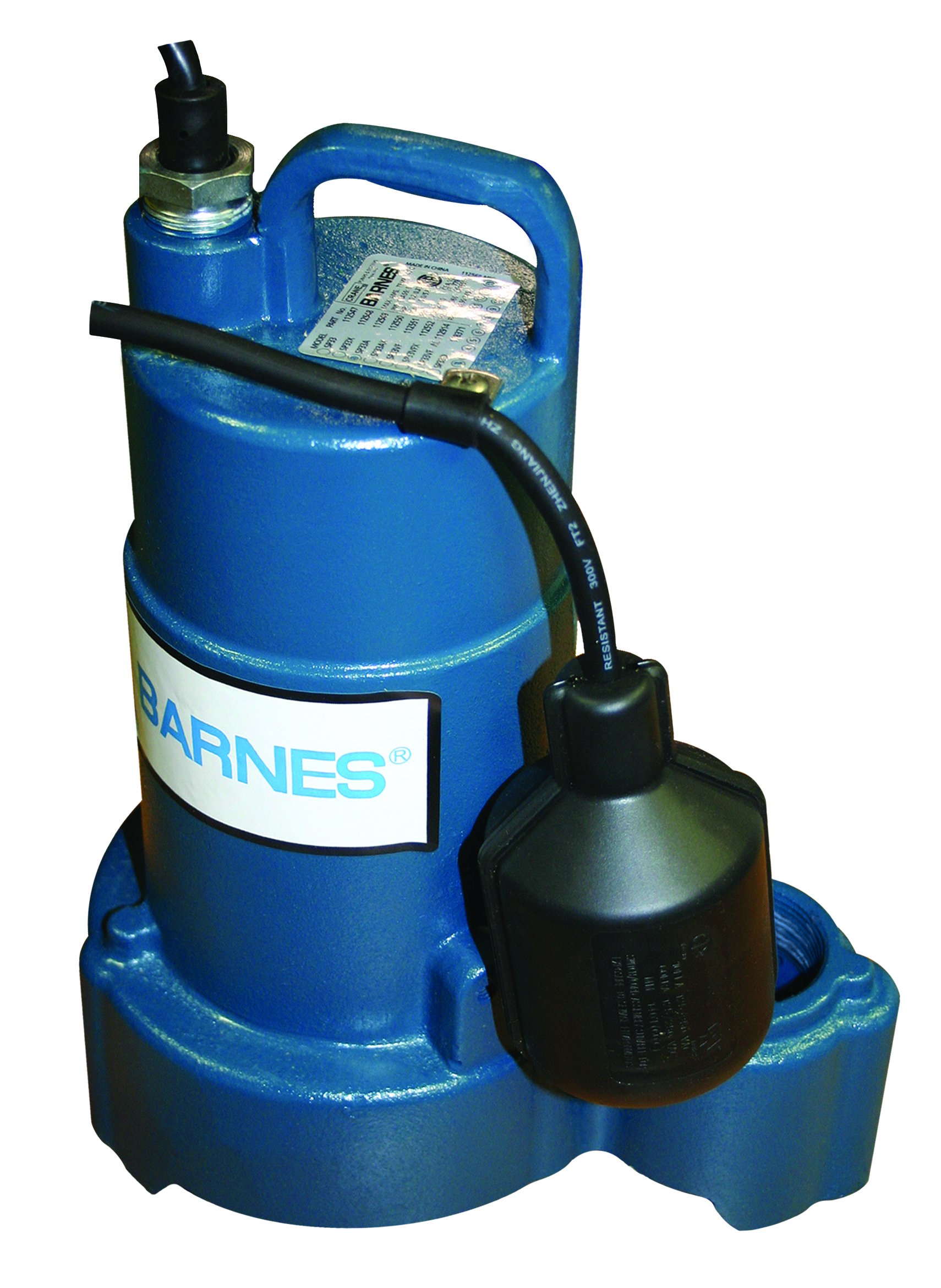 Barnes 112550 Model SP33AX Submersible Sump Pump - High-Efficiency for Residential Use, Cast Iron Vortex Impeller, 1/3 HP, 3000 GPH, Piggy Back Mechanical Float Switch, 20' Waterproof Cord, 9"x 9"