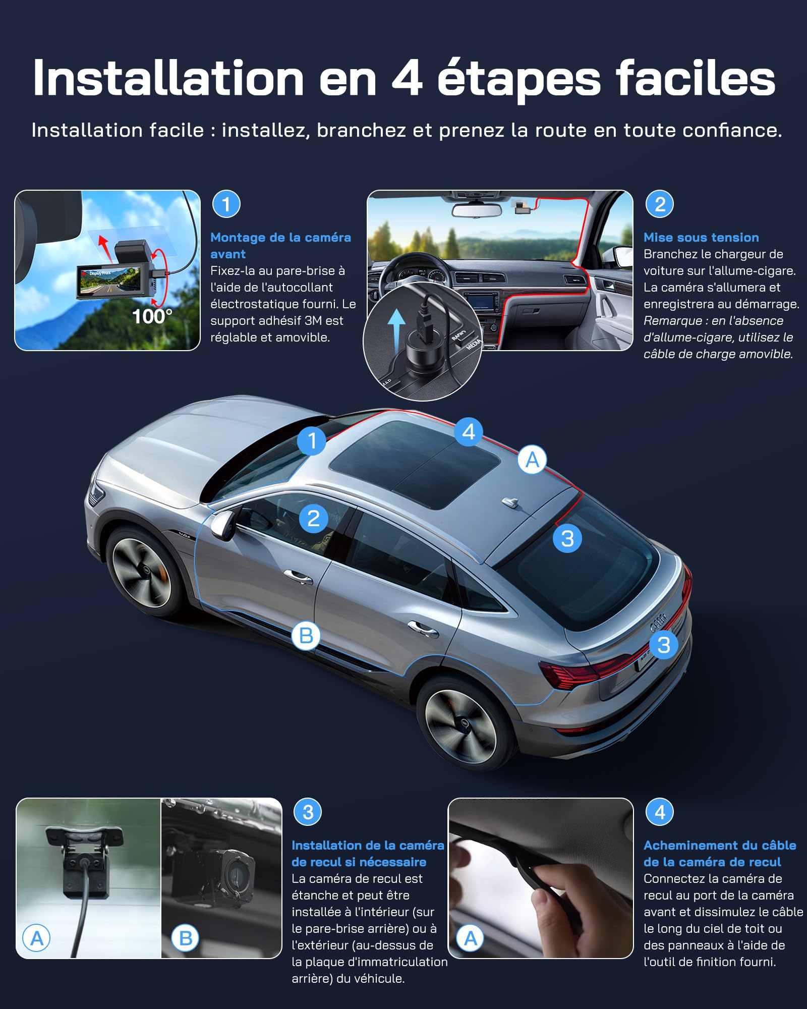 WOLFANG 4K Dashcam Voiture Avant Arrière, Wi-FI Caméra Voiture, IPS de 3", Grand Angle 170°, G-Capteur, WDR, Mode Stationnement 24H, Vision Nocturne, Enregistrement en Boucle