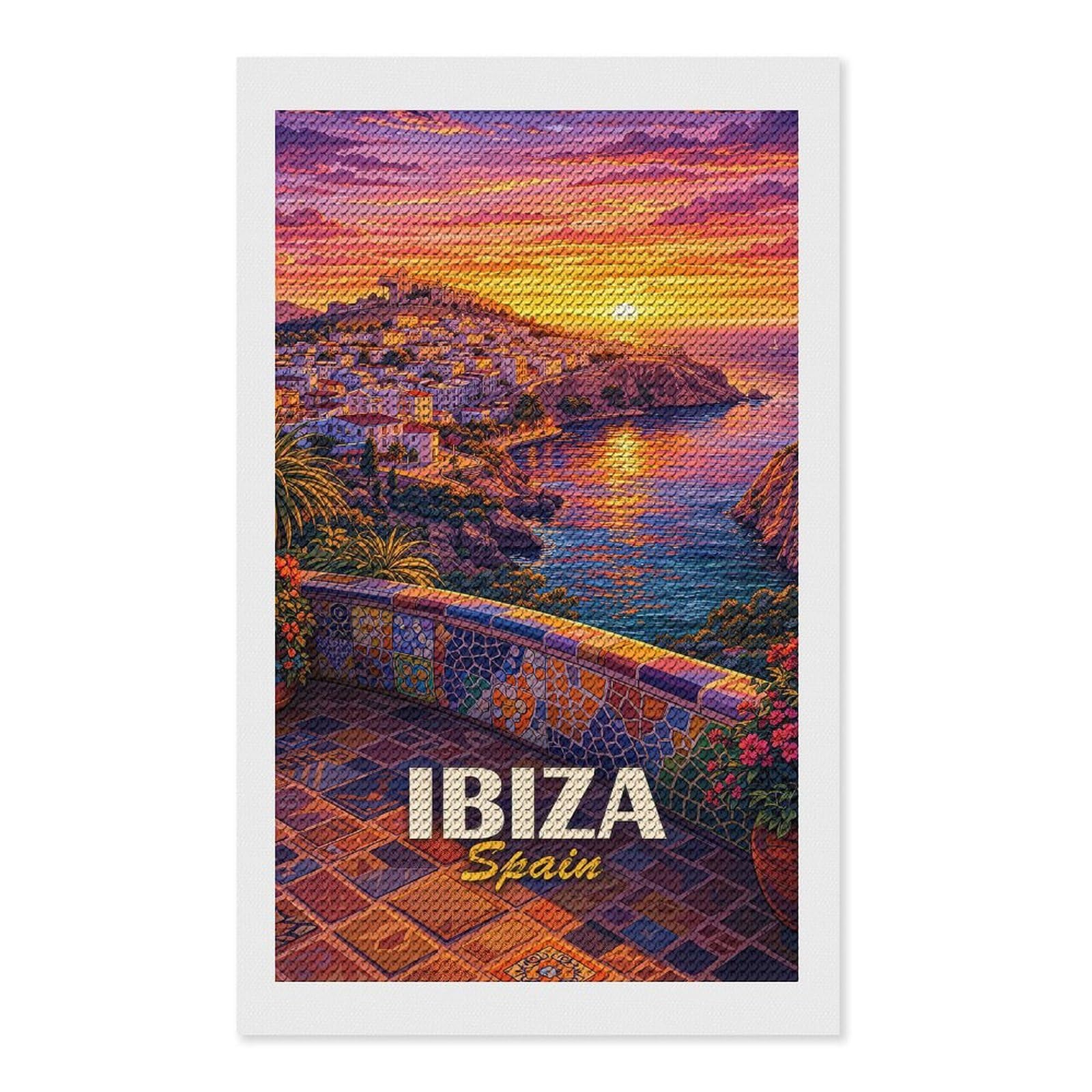 Junmoney Ibiza Spain Sunset Diamond Painting Canvas Kit 12"x20", for Teens, Vintage Style Decor, Modern Decor, Home Wall Art, Festive Craft Gift