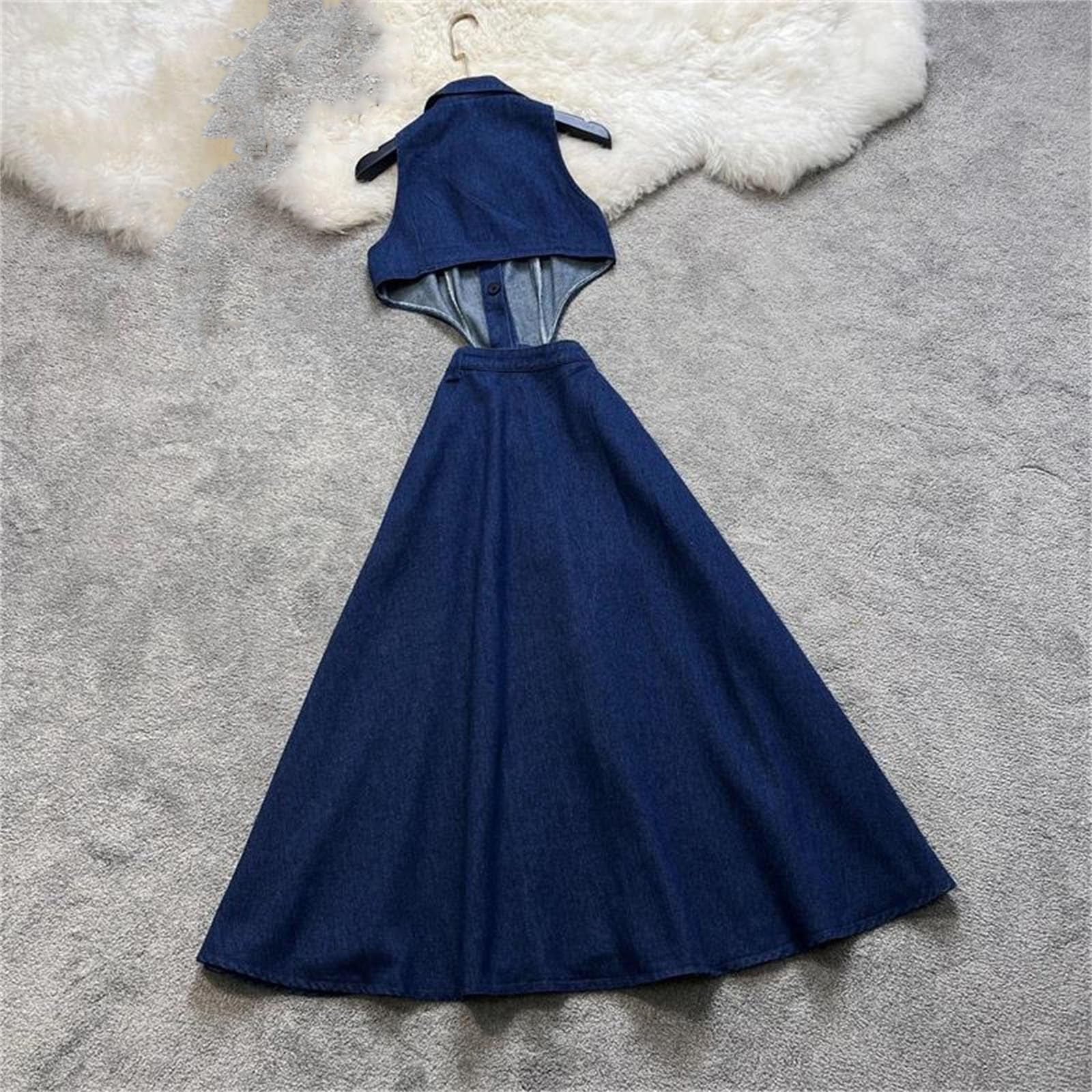 Vestido de mezclilla para mujer, cuello vuelto, cintura alta, casual, vestido de verano