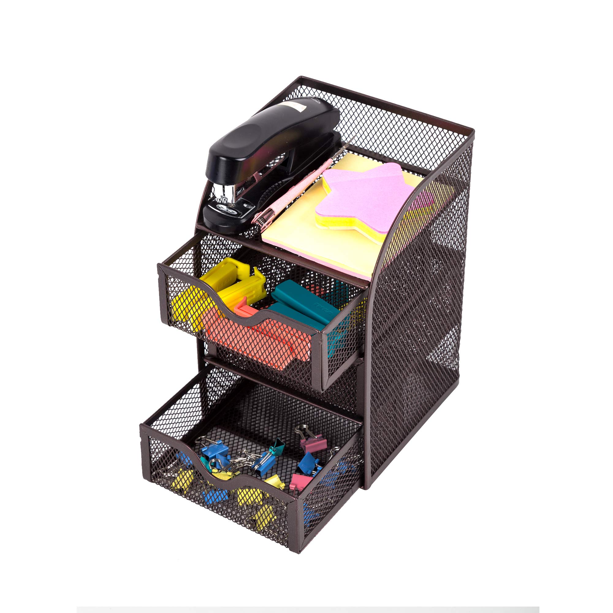 HGmart Mesh Desk Organizer 3 Drawers Metal Desktop Organization Supplies Storage with 1 Top Shelf for Office or Home Brown