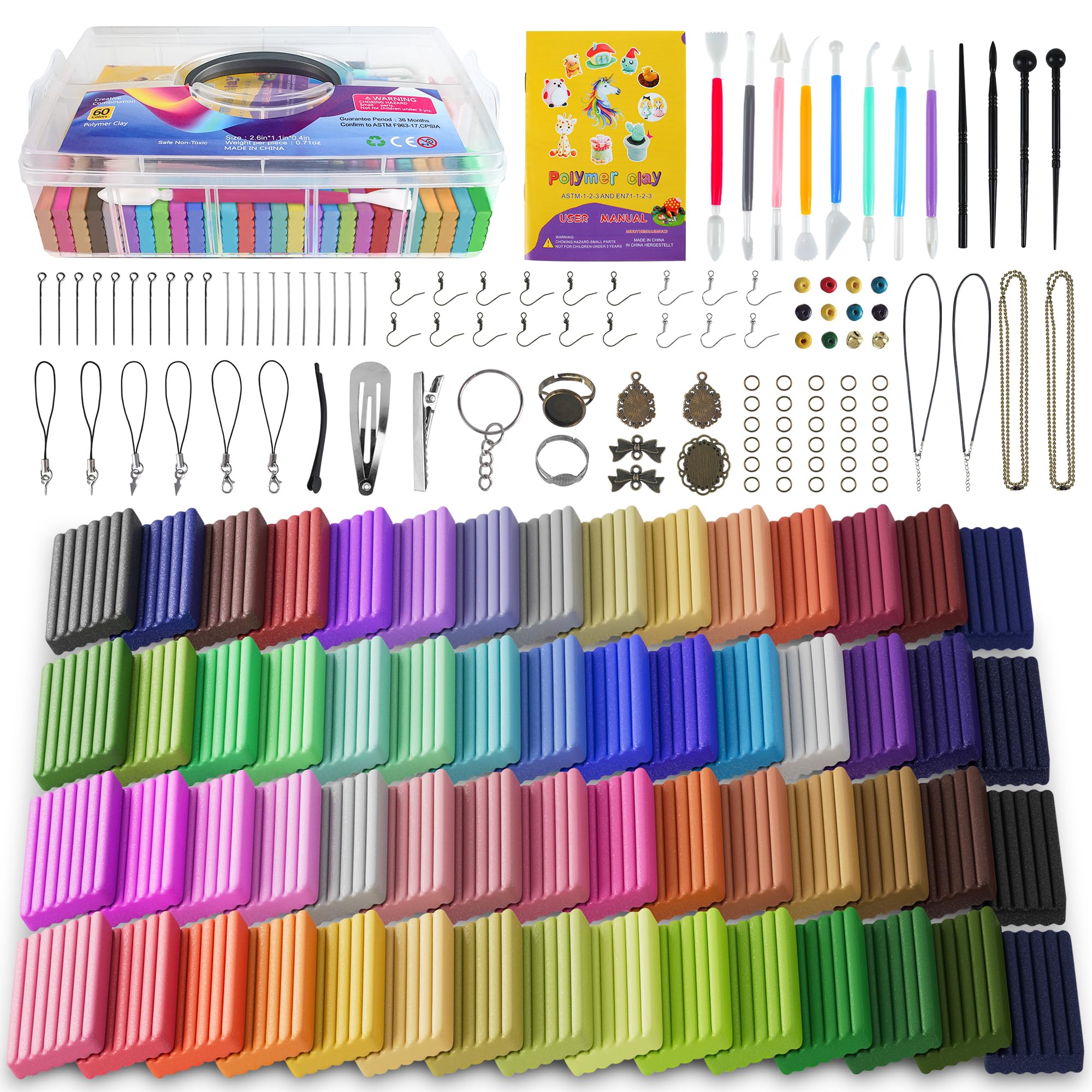 Polymer Clay - 60 Colors Glitter Modeling Clay for Kids, Non-Stick Oven Bake Clay, Easy to Molding, Sculpting and Bake DIY Starter Kits, Holiday Gift for Children and Artists.