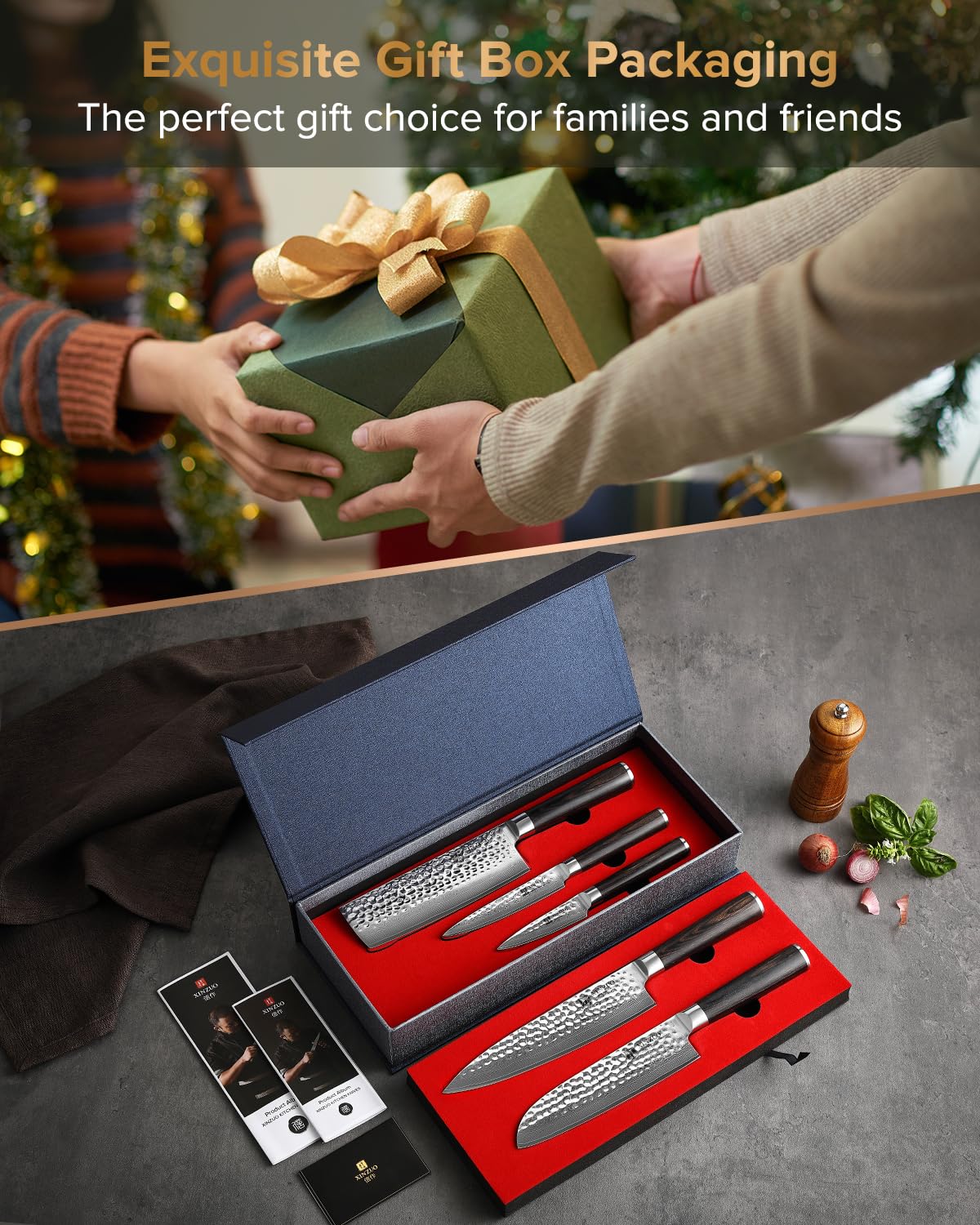 XINZUO 5 Pièces Ensemble de Couteaux de Cuisine Finition Martelée 67 Couches Acier Damas Tranchant Couteau de Chef Santoku Nakiri Universel Fruits Couteaux professionnels -Poignée en Bois de Pakka