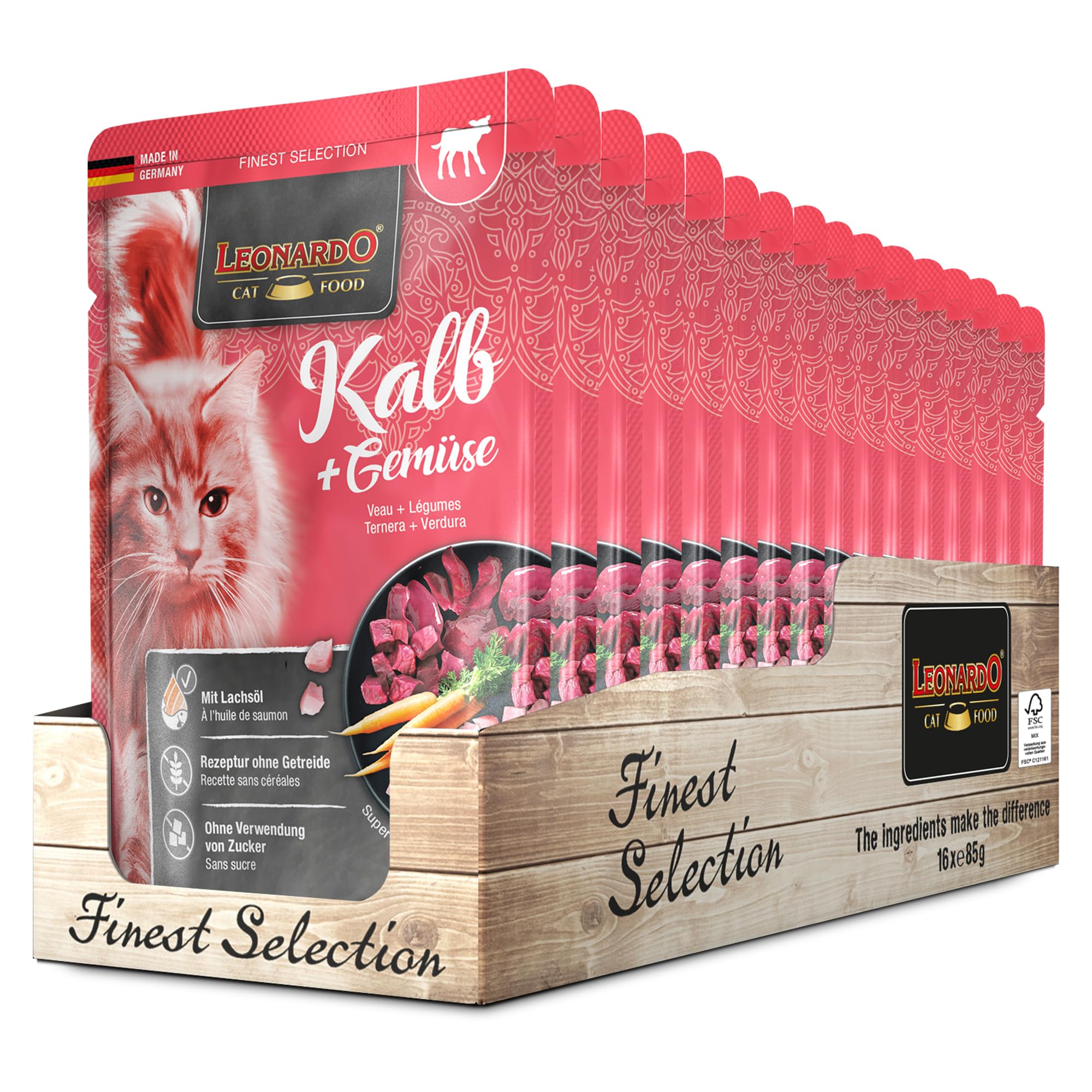 LEONARDO Frischebeutel [16x85g Kalb + Gemüse] | Getreidefreies Nassfutter für Katzen | Feuchtfutter Alleinfutter im Einzelportionsbeutel
