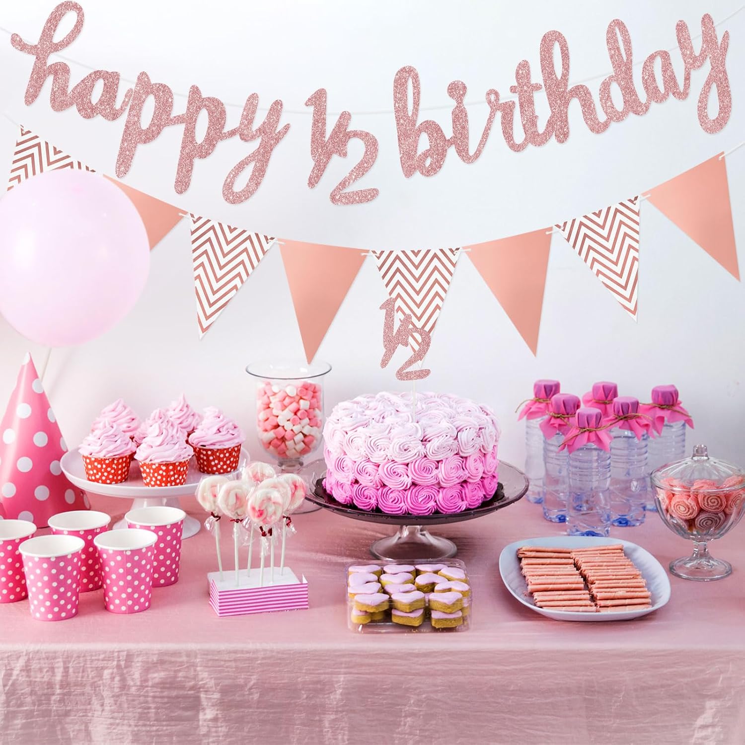 Boao Pre- Strung Half Birthday Decorations Set 6 Months Happy 1/2 Birthday Banner, Glitter 1/2 Half Year Cake Topper, Triangle Flag Banner for Baby Shower Party Photoshoot Props(Rose Gold)