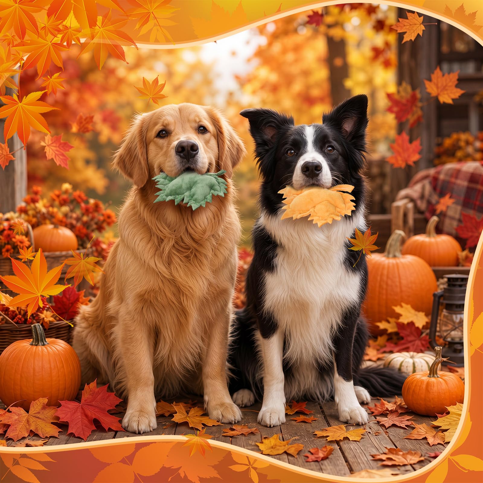 Civaner Lot de 48 jouets en peluche pour chiens en forme de feuilles d'érable - Jouets couineurs en peluche pour animaux de compagnie de petite, moyenne et grande taille - Automne - Décoration de fête