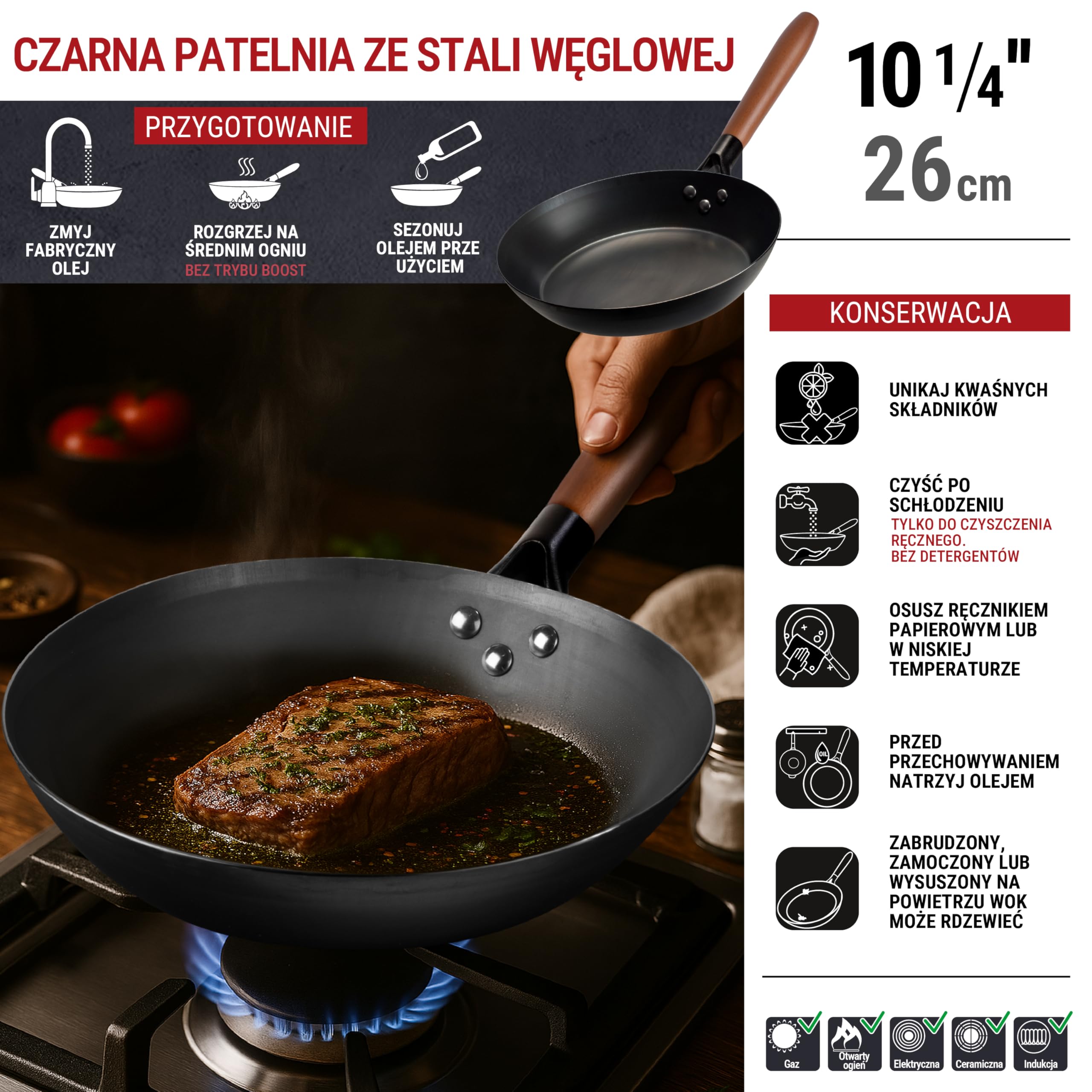 YOSUKATA Patelnia z Węglowej Stali Bez Powłoki z Odpinaną Drewnianą Rączką 26 cm – Odporna na Wysokie Temperatury, Do Indukcji i Zdrowego Gotowania - Patelnia do Smażenia na Wszystkich Typach Kuchenek