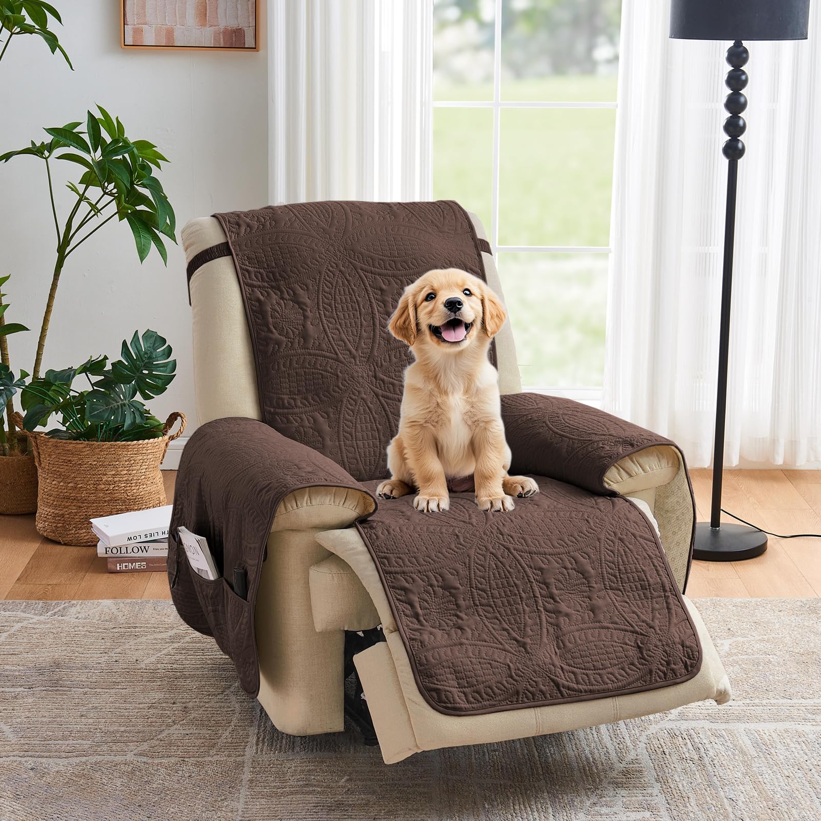 Quilted Recliner Chair Covers,Water-Repellent Recliner Slipcovers, Recliner Covers Stay in Place, Pet Friendly Recliner Cover for Dogs, Washable Chair Protector (Recliner 22", Chocolate)