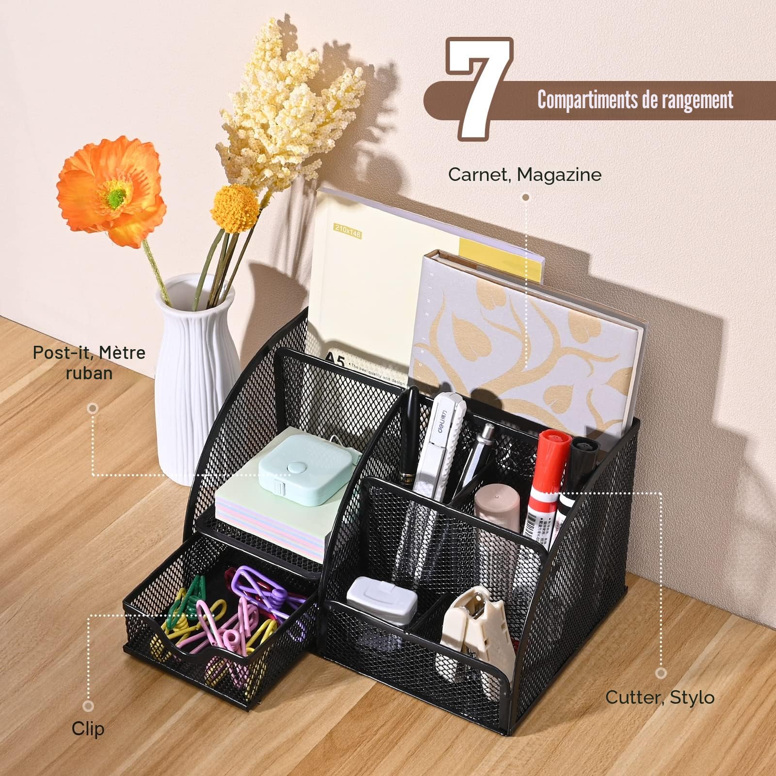 MumdoYAL Organisateur de bureau en maille métallique avec tiroir et porte-stylos pour stylos, notes adhésives, agrafeuses, trombones, compact et élégant pour un gain de place.