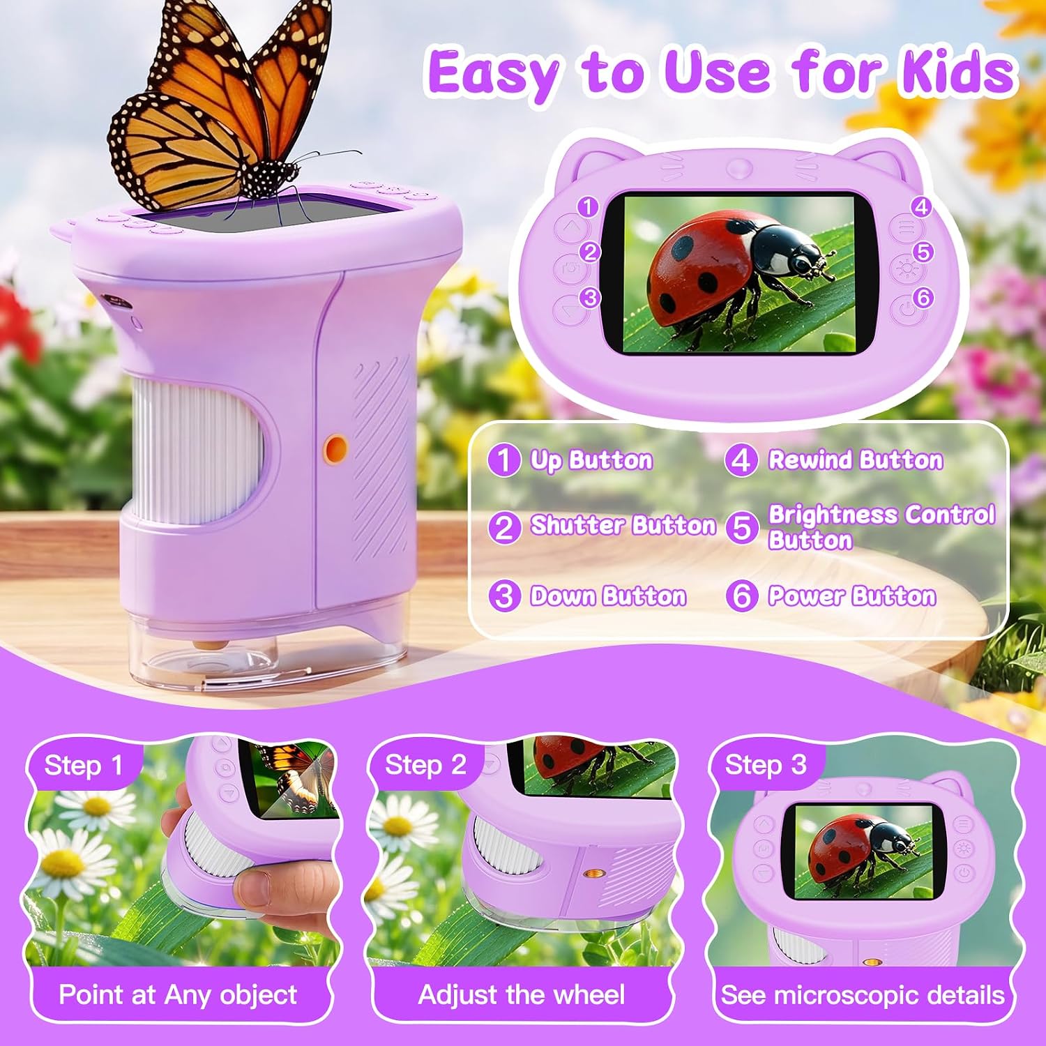 SEEKID Kids Microscope,1000X Handheld Digital Microscope (Purple) | 2.4" IPS Screen | Rechargeable Handheld | 8 LED Lights | STEM Toy for Exploring Science | Ages 5–12