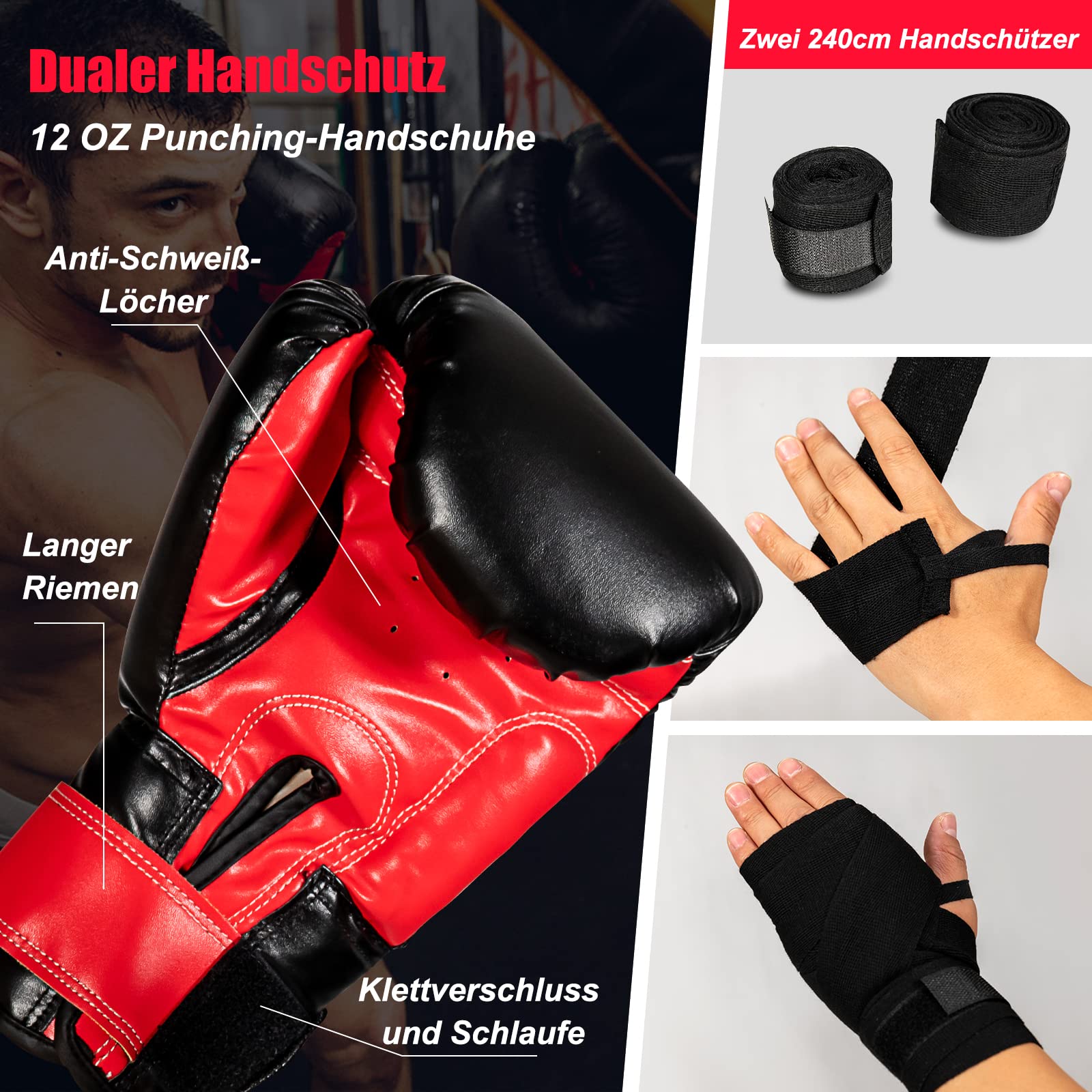 COSTWAY 28,5 kg Boxsack-Set für Erwachsene, Hängender Boxsack mit 12 oz Boxhandschuhen & Handschlaufen, Punching Bag für Muay Thai, Krav Maga, Taekwondo, Karate, Boxing Bag inkl. Deckenhaken