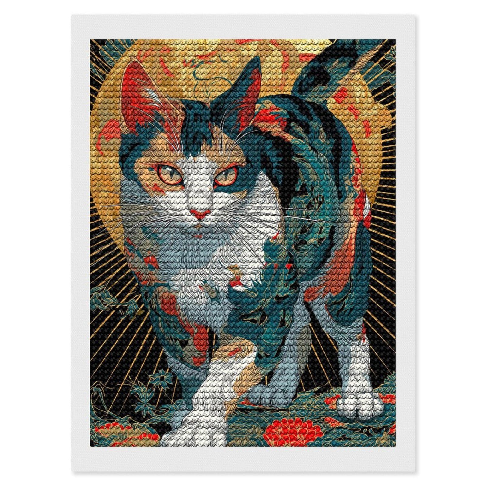 Junmoney Ornate Cat Illustration Diamond Painting Canvas Set 12"x16", Satisfying Creative Project, Easy to Follow Symbols, Fun Craft Experience