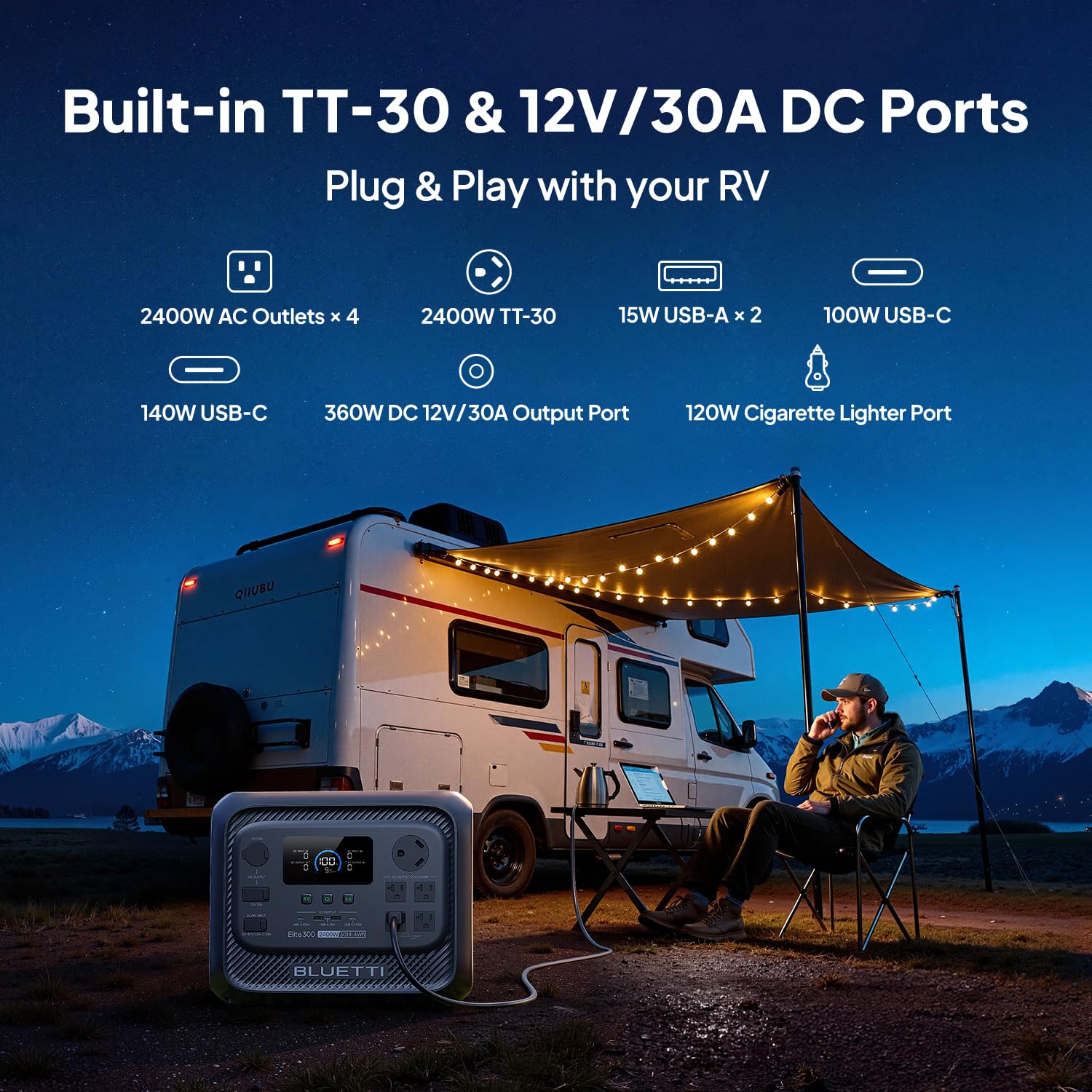 BLUETTI Elite 300 Portable Power Station, 3014Wh LiFePO4 Battery Backup for Home Power Outage, 2400W Solar Generator (4800W Surge), 3kWh Compact Home Backup & RV Power with TT-30 RV Port & 12V/30A DC - 4