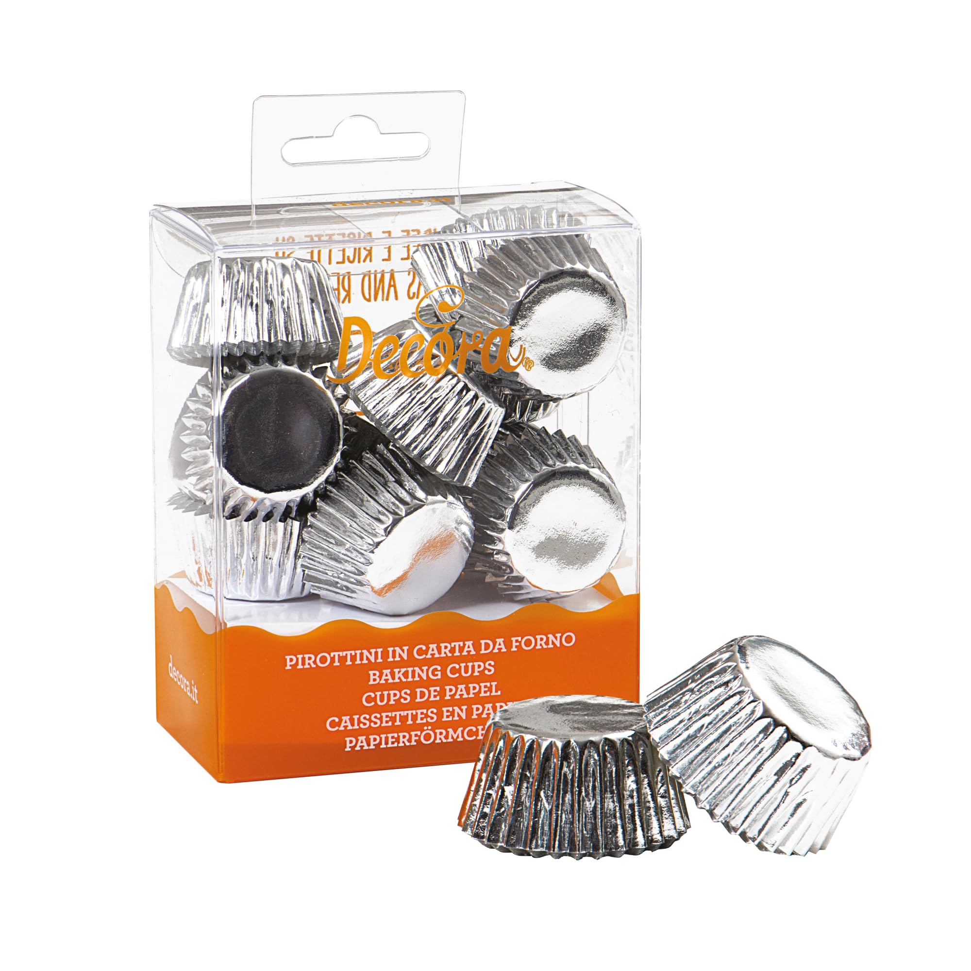 DECORA, 0339794 Confezione da 180 Pirottini Bon Bon Argento Metallic da 27 X 17 mm, in Carta da Forno, per Cuocere, Presentare e Regalare Bon Bon, Resistono fino a 180°, In comodo Blister, Made in Italy