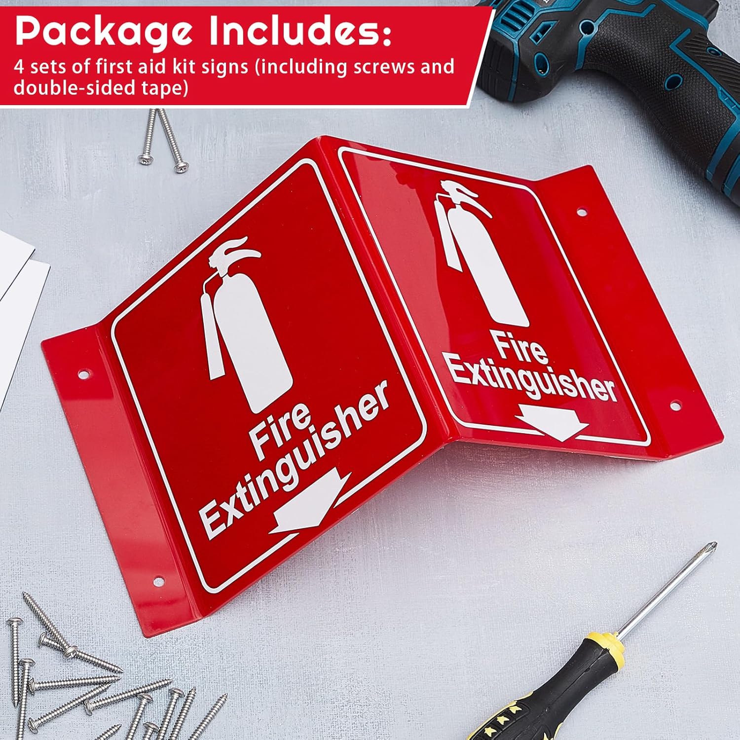 Soaoo 8 Sets 3D Fire Extinguisher Sign with Down Arrow 11.34" x 6.3" Two-sided Acrylic Projecting V-sign Pre Drilled Mounting Hole, Screw with Washer Double Sided Tape Home Office Business