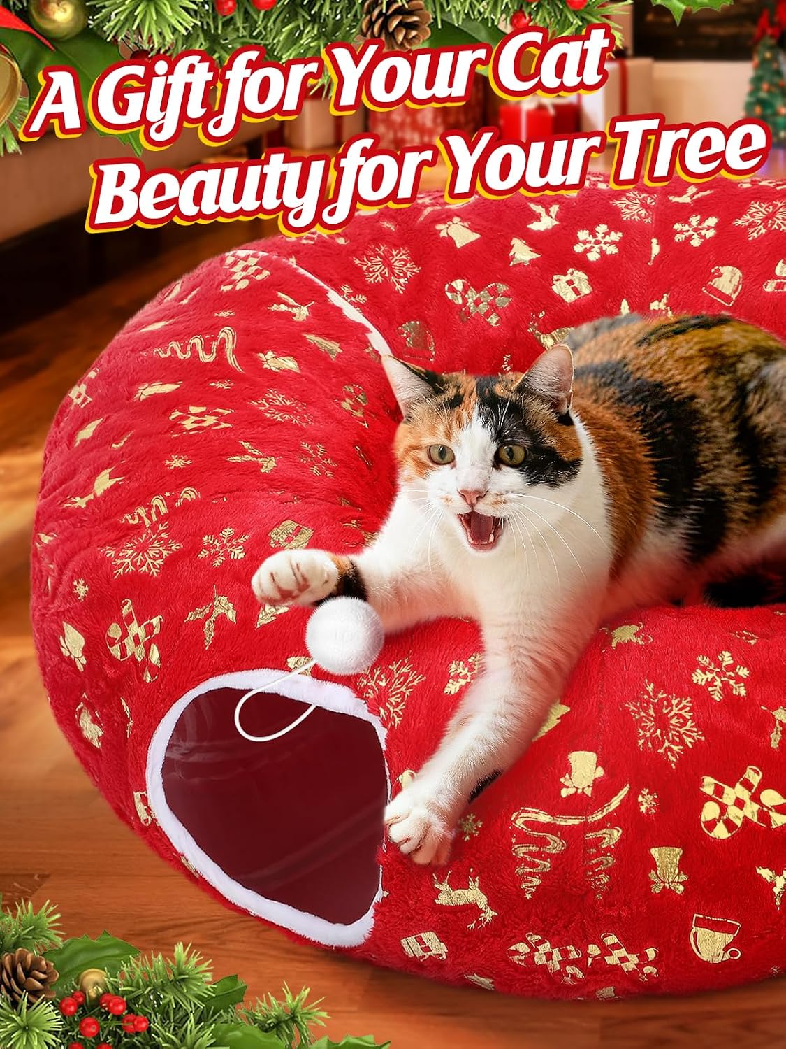 Cat Tunnel Christmas Tree Skirt - Red & Golden Cat Donut Bed, Christmas Tree Protector from Cats, Xmas Cat Gifts Accessories