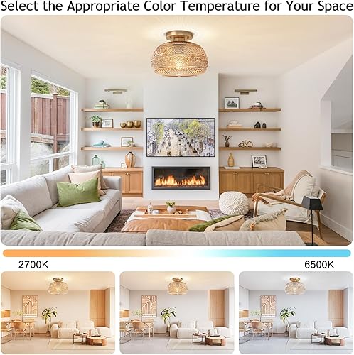 Miniatura 4 de Lámpara de techo semiempotrada, 11 pulgadas, luces doradas vintage para pasillo con vidrio ámbar para cocina, pasillo, baño y entrada, compatible