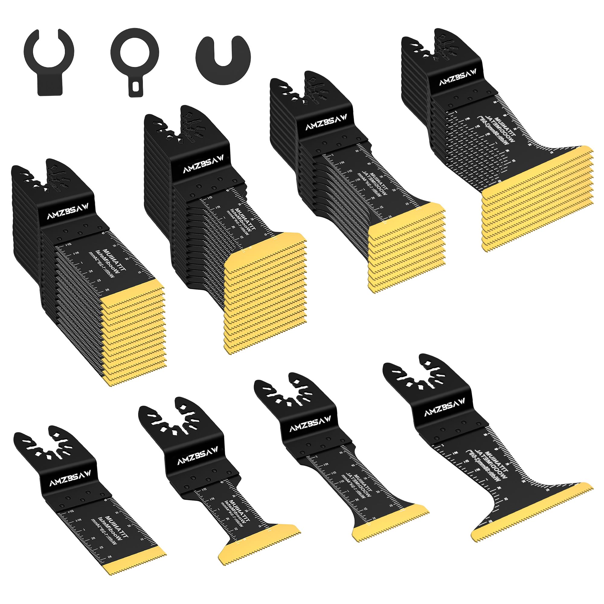 AMZBSAW 50 hojas de sierra oscilantes de titanio para corte de metal, 4 tipos de cuchillas multiherramienta para clavos de metal de material duro y plástico de madera, kits de cuchillas