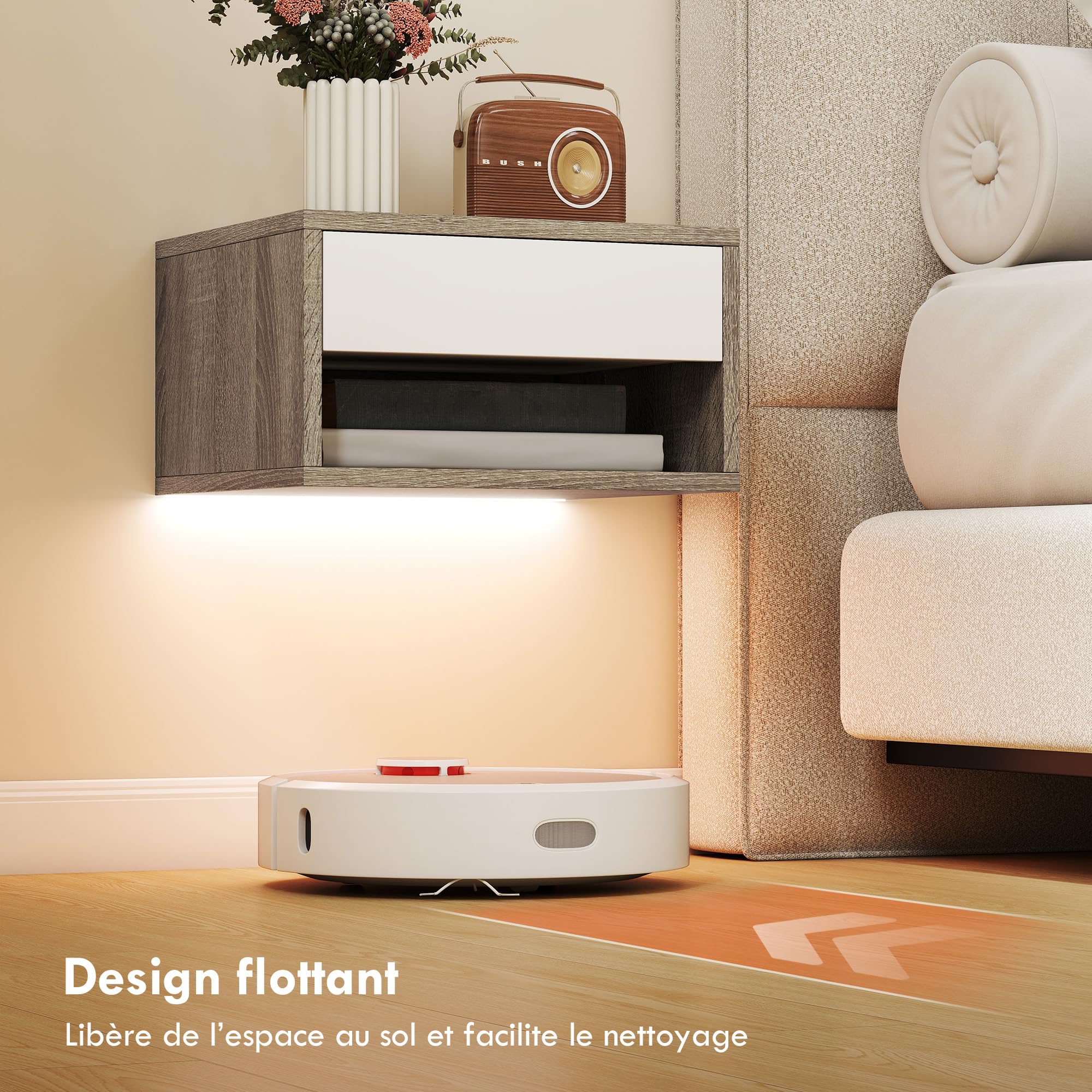 HOMCOM 2er-Set Hängende Nachttische, LED RGB Licht, Teak | App-Steuerung, wandmontierte Nachttische, offenes Fach, 1 Schublade, für Schlafzimmer, Wohnzimmer, 37x32x21cm.
