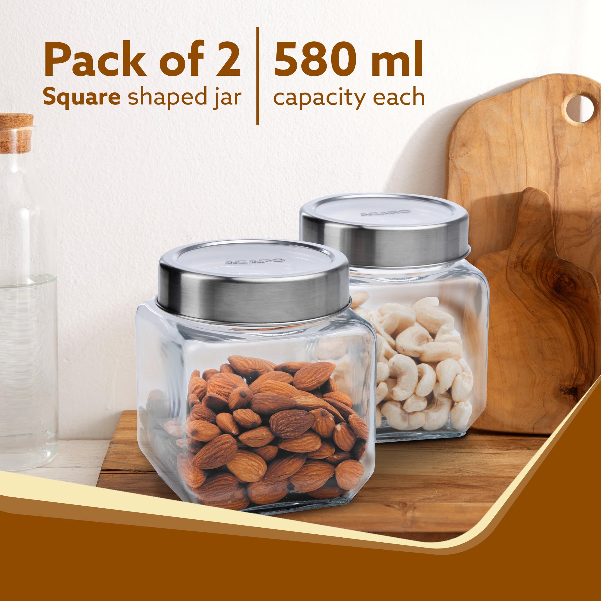 AGARO Elegant Cube Jar 580ml Tapa de Acero Contenedor de Vidrio de Almacenamiento Transparente Organizador de Cocina Multiusos Tarro Pack de 2