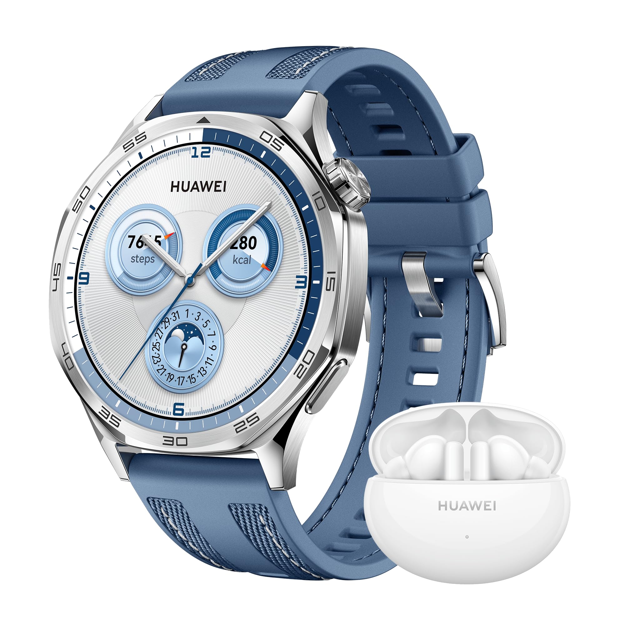 HUAWEI WATCH GT 5 46mm Smartwatch,Design elegante, Nuova modalità corsa e ciclismo, Monitoraggio della salute, 14 giorni1 di durata della batteria, iOS e Android, Blu + FreeBuds 5i Bianco