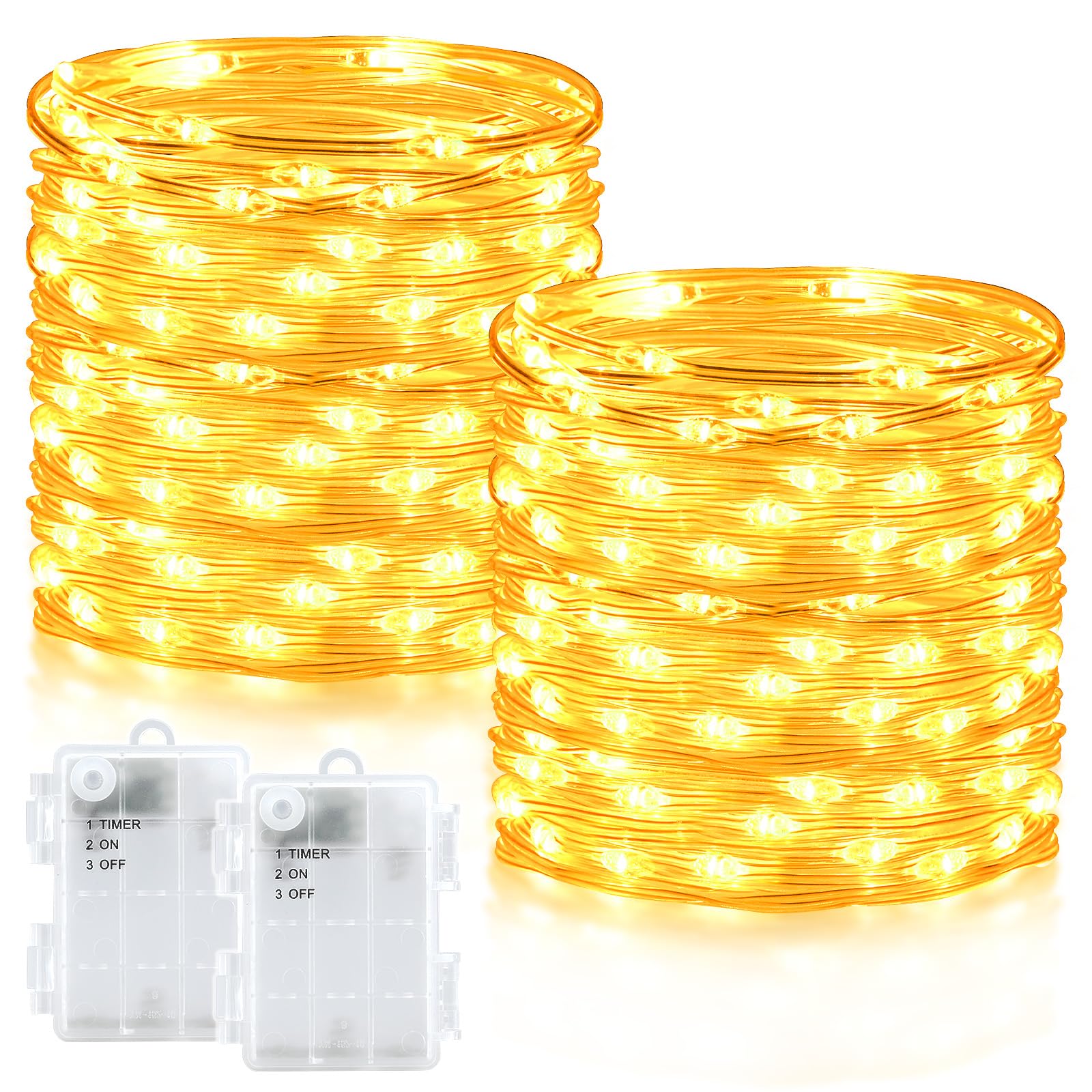 Dalugo Outdoor Battery Fairy Lights Timer, Total 200LED 66Ft Waterproof Battery Operated String Lights for Indoor Outdoor Christmas Decorations,Warm White, 2 Pack
