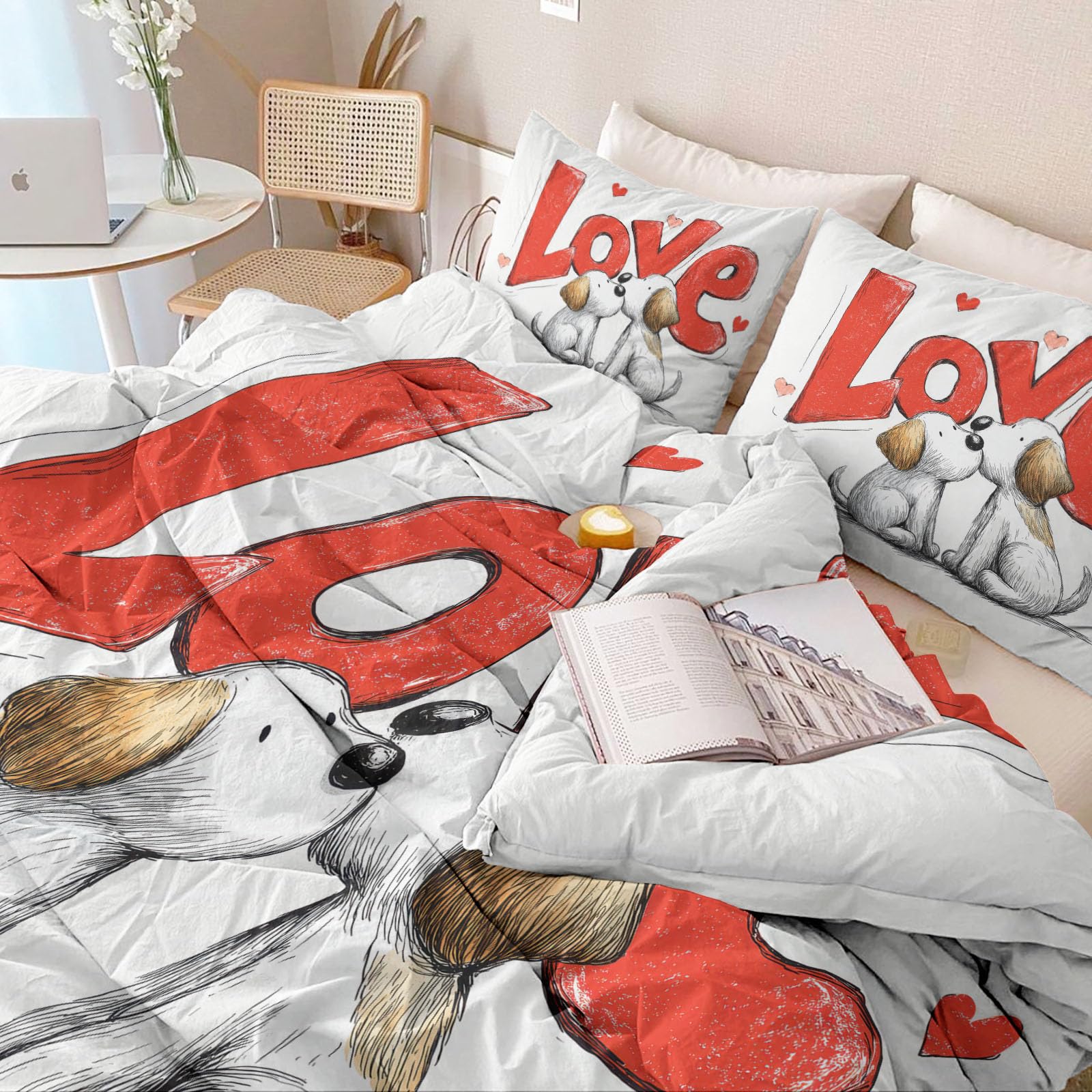 Biały zestaw poszewek na kołdrę, romantyczna ilustracja, miękki oddychający łatwy w pielęgnacji zestaw pościeli z mikrofibry, serce litera kreskówka szczeniak poszewka na kołdrę rozmiar king size 230