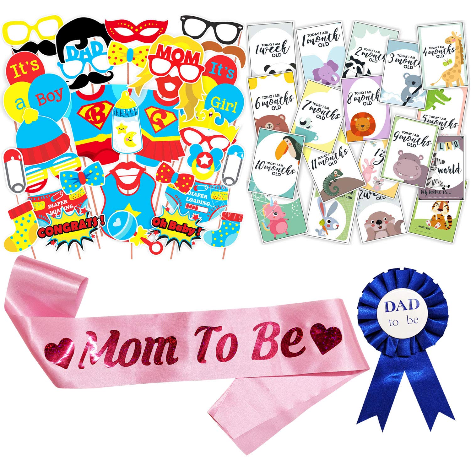 WOBBOX Baby Shower Combo of Photo Booth Party Props, Sash and Milestone Cards - Combo RW