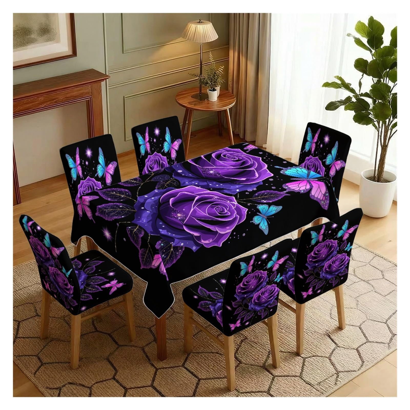 KXUAUV Purple Rose & Butterfly Print Tablecloth & Chair Covers Set, Slipcovers For Dining Room, Kitchen, Gothic & Romantic Decor, 5/7 Pack Party Decor(7pcs Set: Tablecloth+Chair Covers)