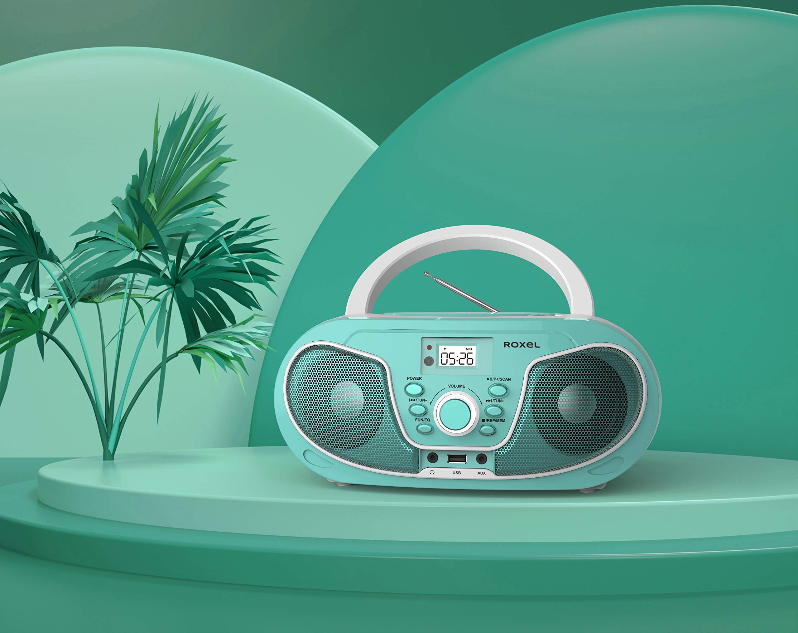 Roxel RCD-S70BT Tragbarer Boombox CD-Player mit Bluetooth, Fernbedienung, FM-Radio, USB-MP3-Wiedergabe, 3,5 mm AUX-Eingang, Kopfhöreranschluss, LED-Display (Blaugrün)