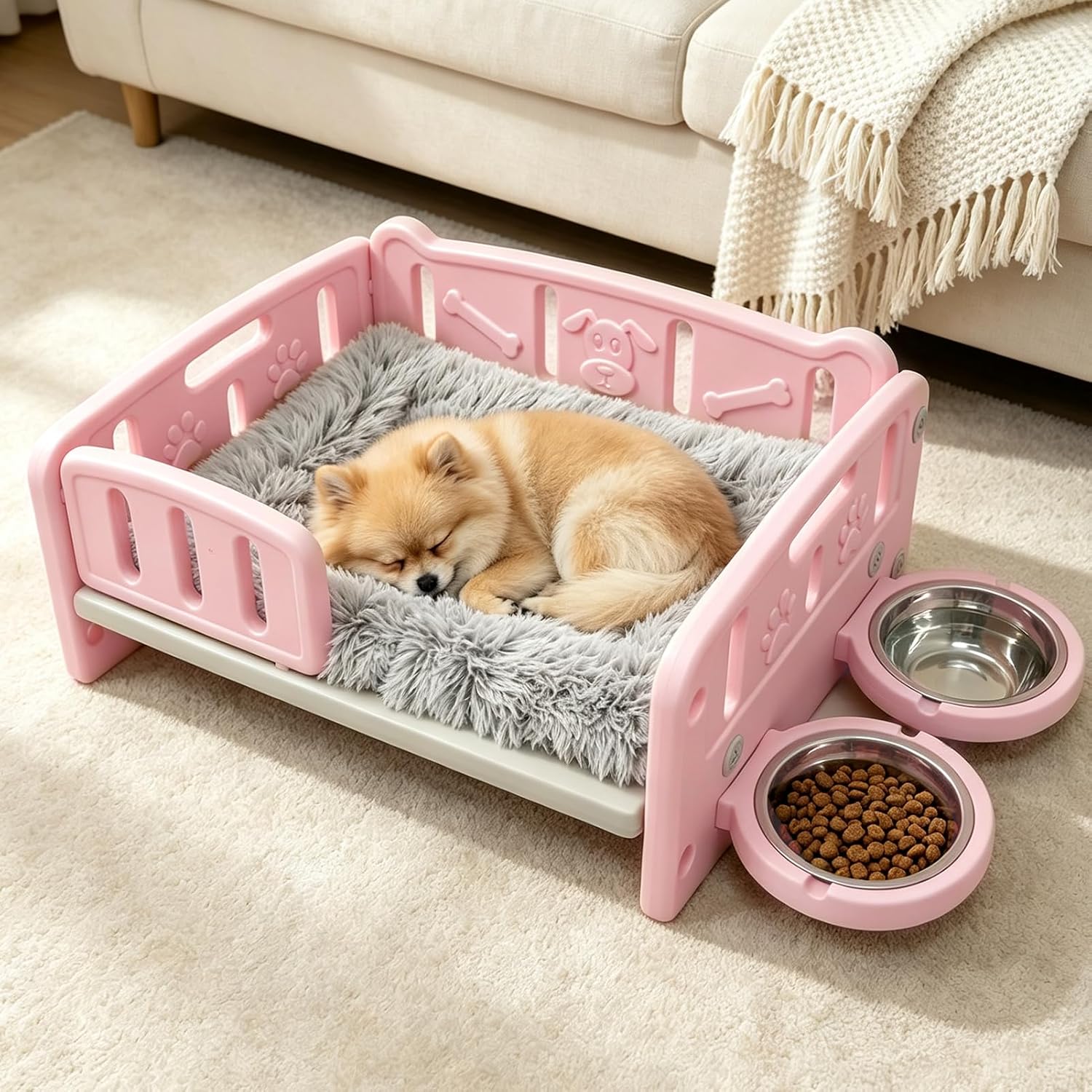 XPIY Small Dog Bed with Cushion & Bowls, Plastic Pet Bed for Puppies, Pink