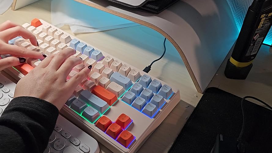 M87 TKL- Draadloos gamingtoetsenbord met dubbele modus, Bluetooth / 2,4 Ghz, PBT keycap, 4000 mAh oplaadbare batterij, gemengd kleuren-regenboogverlicht toetsenbord met mechanisch gevoel- Bosbessen