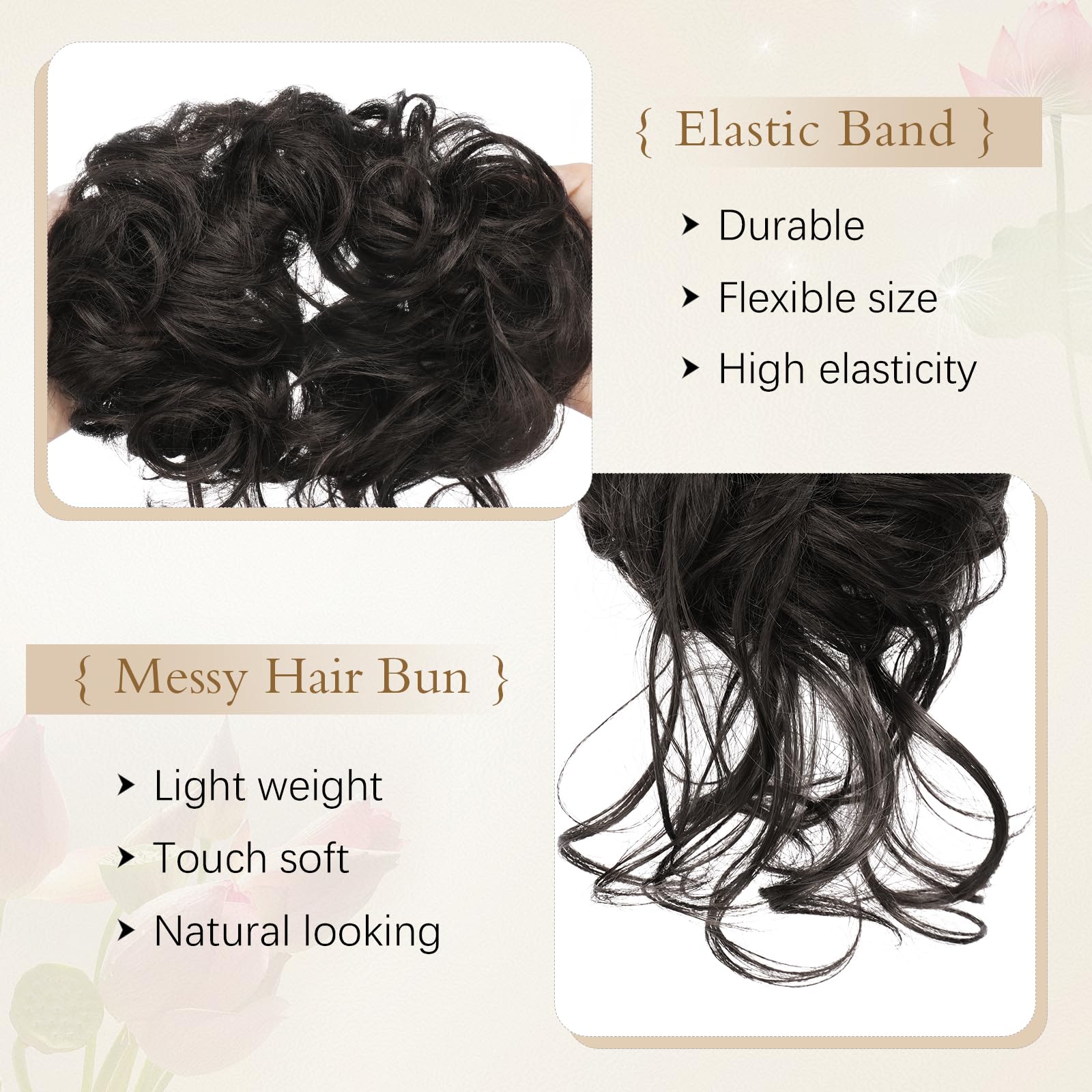 Sofeiyan Moños Postizos, Voluminoso Postizos de Pelo con Goma Rizado Sintética Donut Moño Extensiones Extensiones de Cabello Moño de Pelo Ondulado Postizo para Mujer, Negro