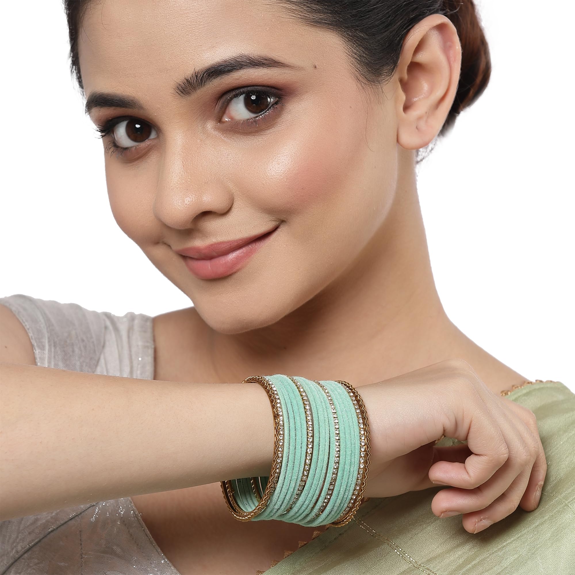 Gold-Plated Velvet American Diamonds Studded Bangles Set Of 36 (Turquoise Blue)