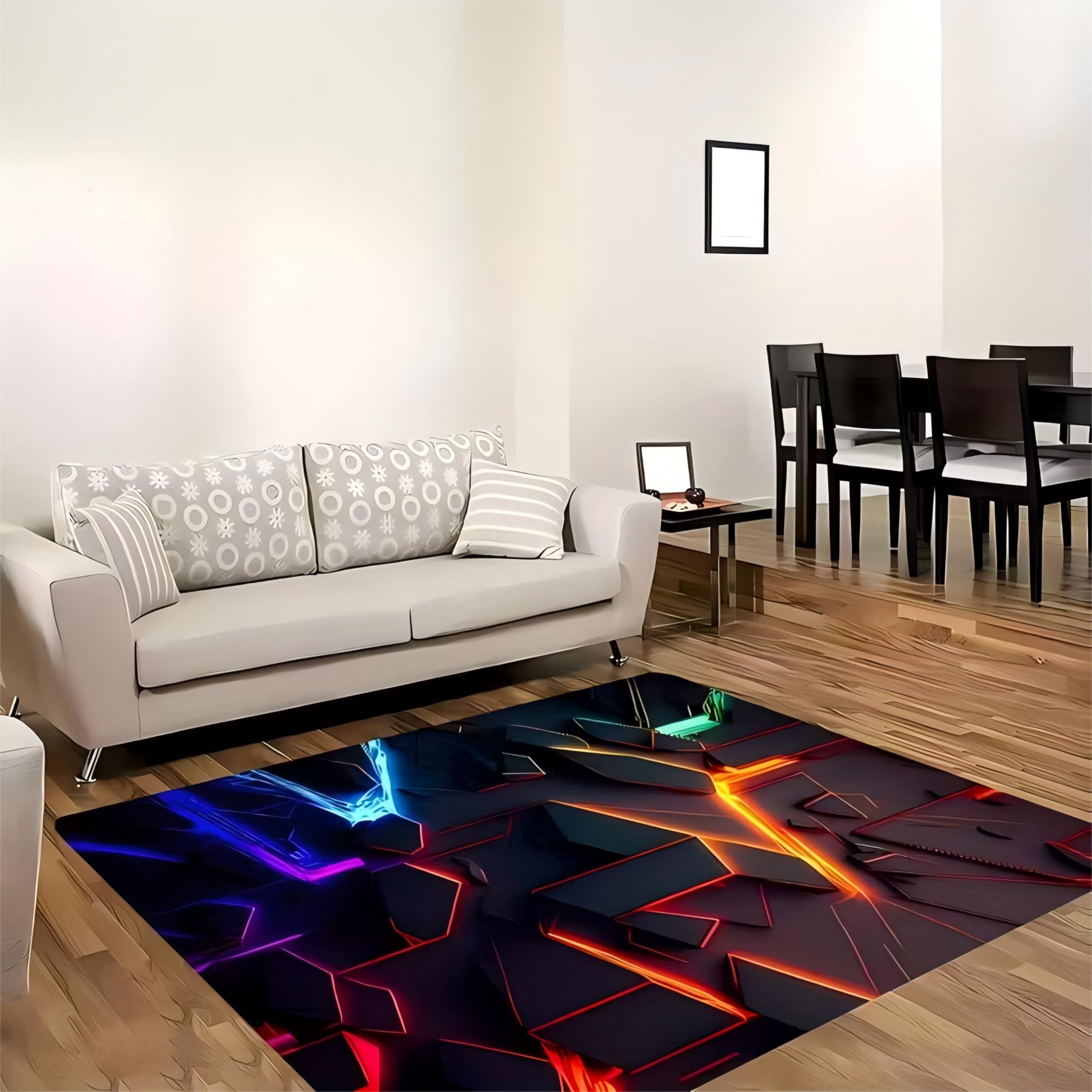 Bunter Geometrischer Teppich, 100x150cm, Abstraktes 7D-Muster in Orange, Blau und Lila, rutschfest, Waschbar Teppiche für Den Innenbereich Dekoration für Wohnzimmer Schlafzimmer
