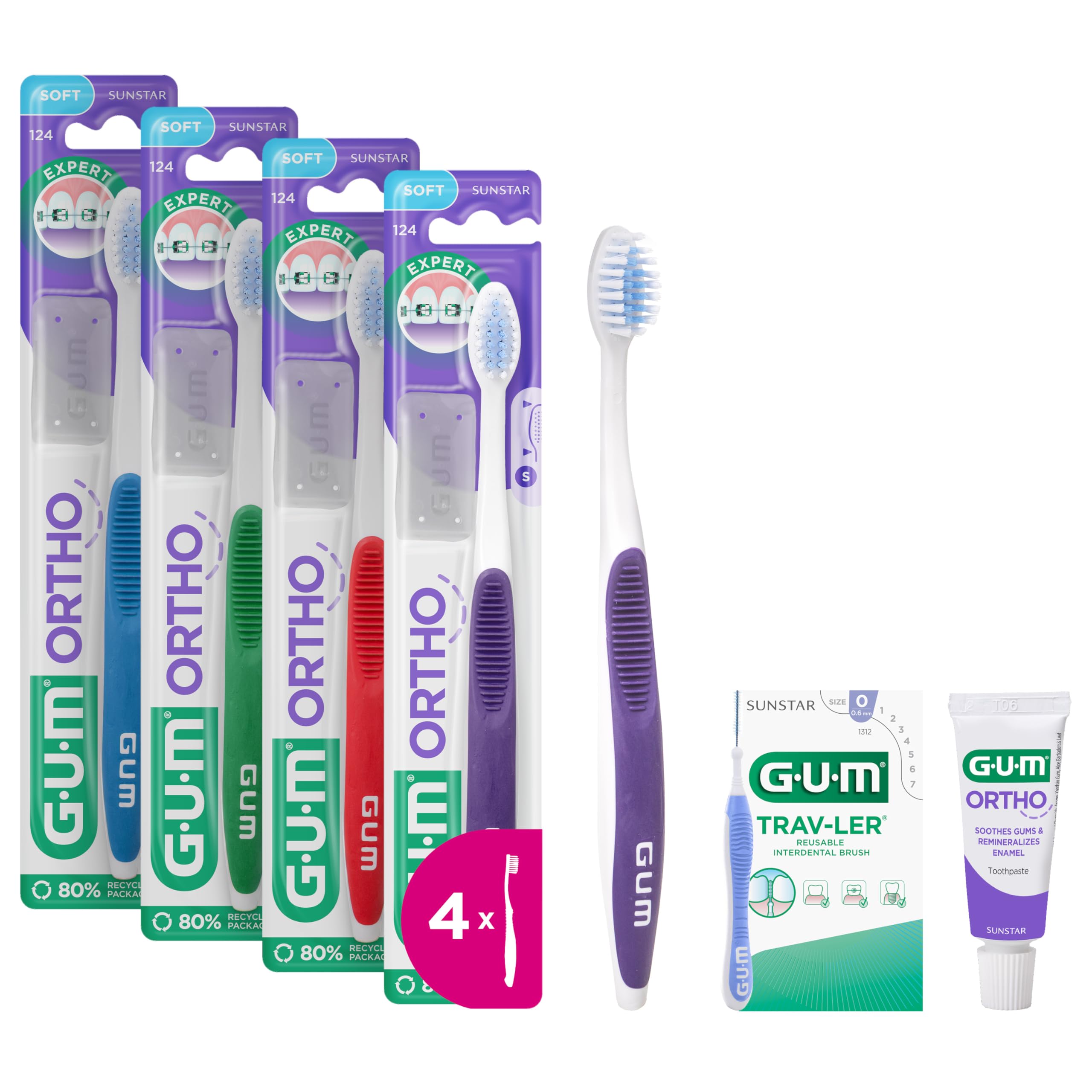 Ortho Toothbrush | Compact Head with V-Shaped Soft bristles | for Cleaning Brackets and Wires | Non-Slip Grip Handle | 4 x 1 Pieces (with 2 Bonus Samples)