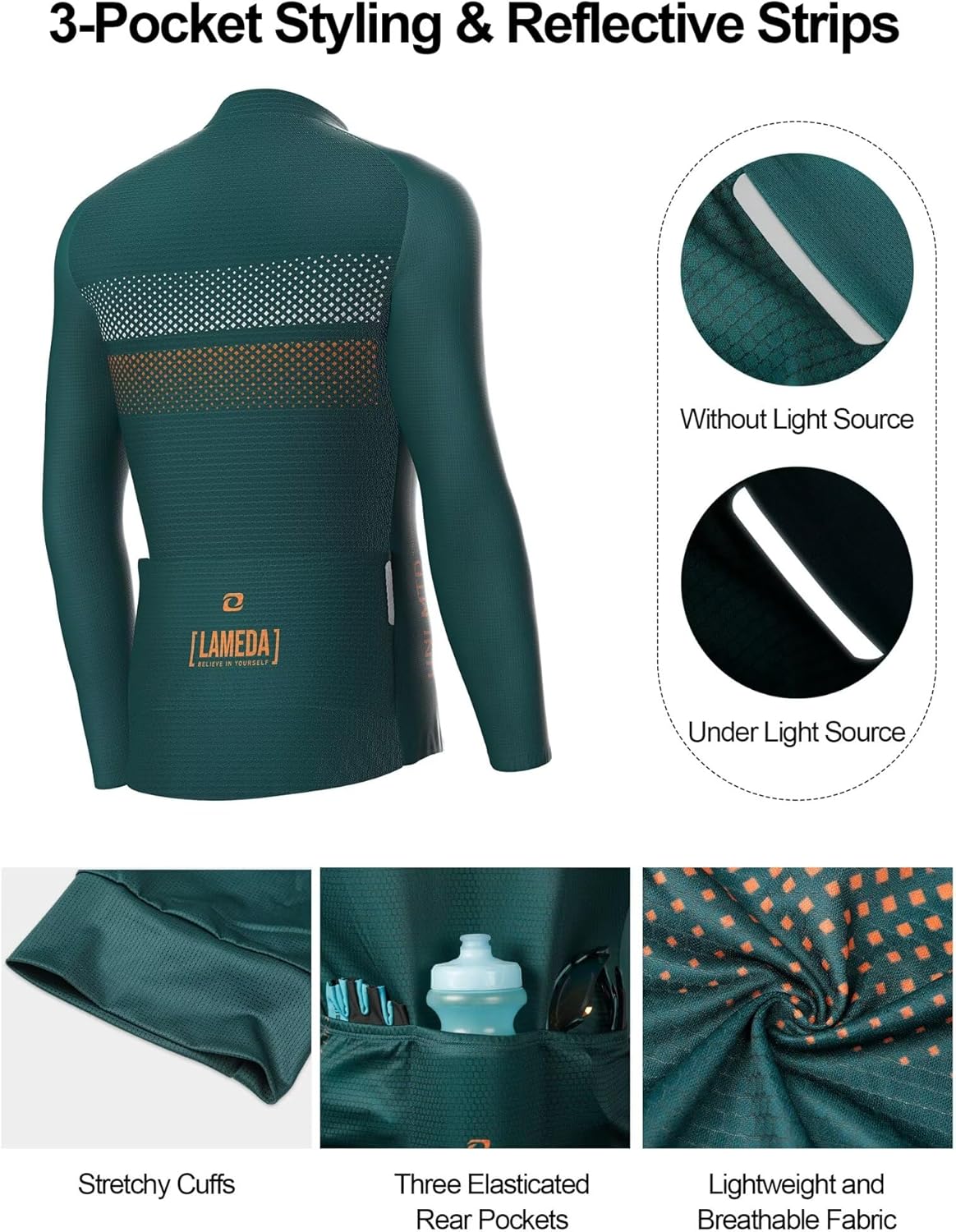 LAMEDA Men's Cycling Jersey Long Sleeve, Breathable Moisture Wicking Bike Shirt, Lightweight Biking Shirt with 3 Rear Pockets - Image 6