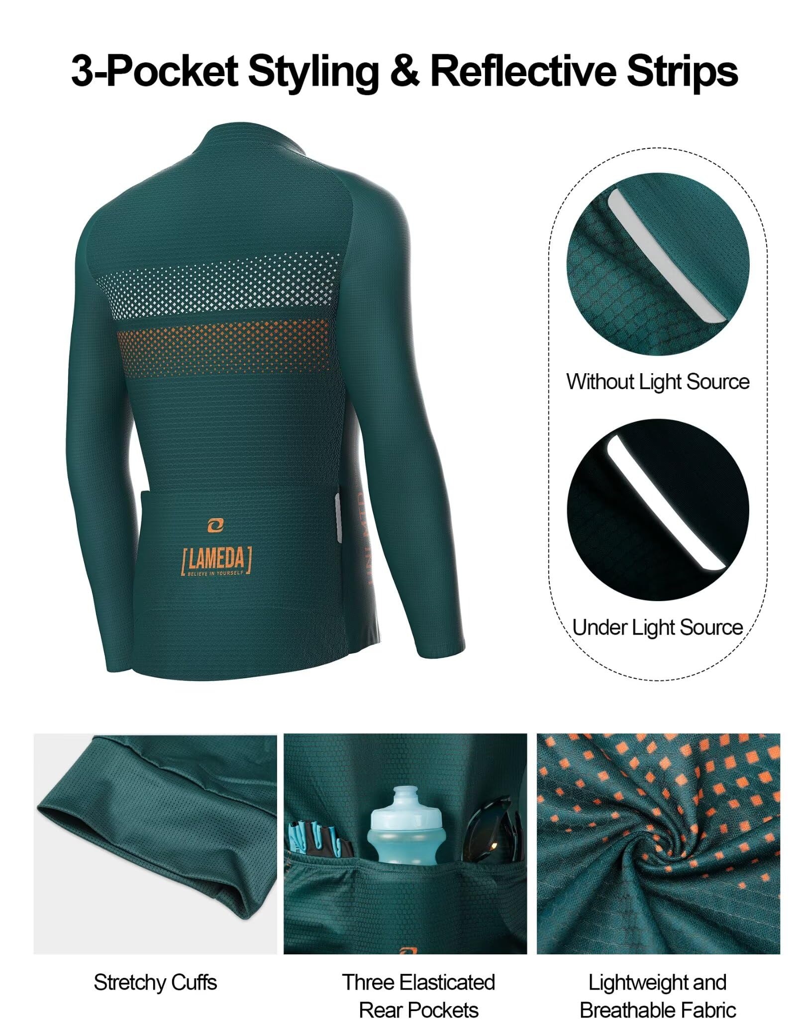 INBIKE - Maglia da ciclismo da uomo, a maniche lunghe, traspirante, leggera, ad asciugatura rapida, riflettente, con 3 tasche posteriori