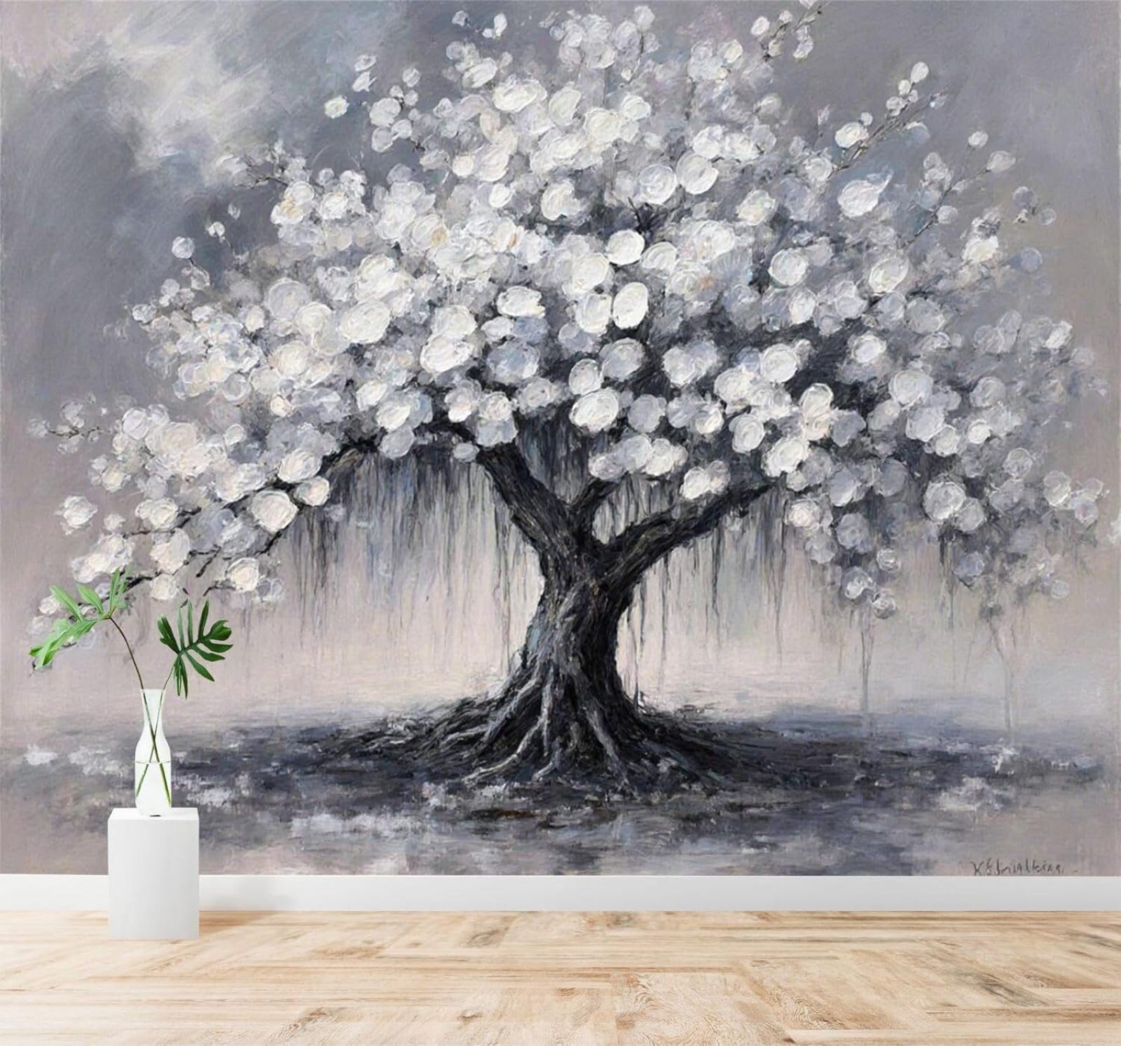Tzxztt Abstract Grey Hand Drawn White Flowers Trees Modern 3D Wallpaper Premium Textured Silk Neutral Tones Material Ideal for Living Room Bedroom-350cm×256cm